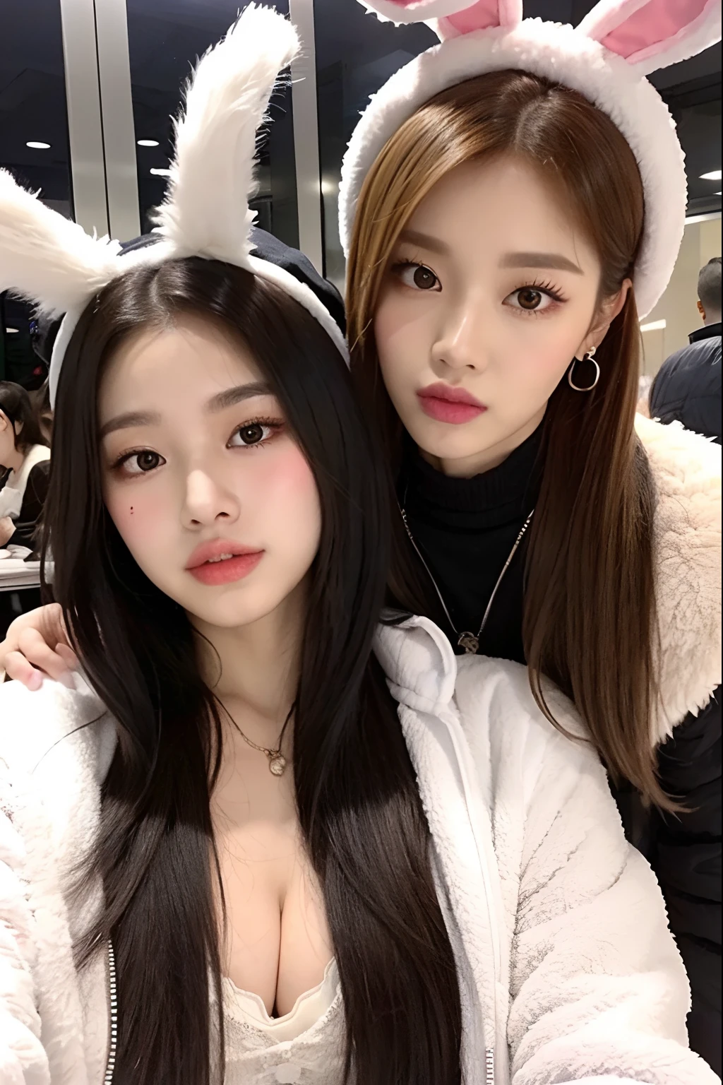 a close up of a person wearing a bunny hat and a white jacket, jossi of blackpink, blackpink jennie, lalisa manobal, lalisa manoban of blackpink, roseanne park of blackpink, jaeyeon nam, wan adorable korean face, portrait of jossi of blackpink, park ji-min, aesthetic!!!!!! female genie, ruan jia beautiful!