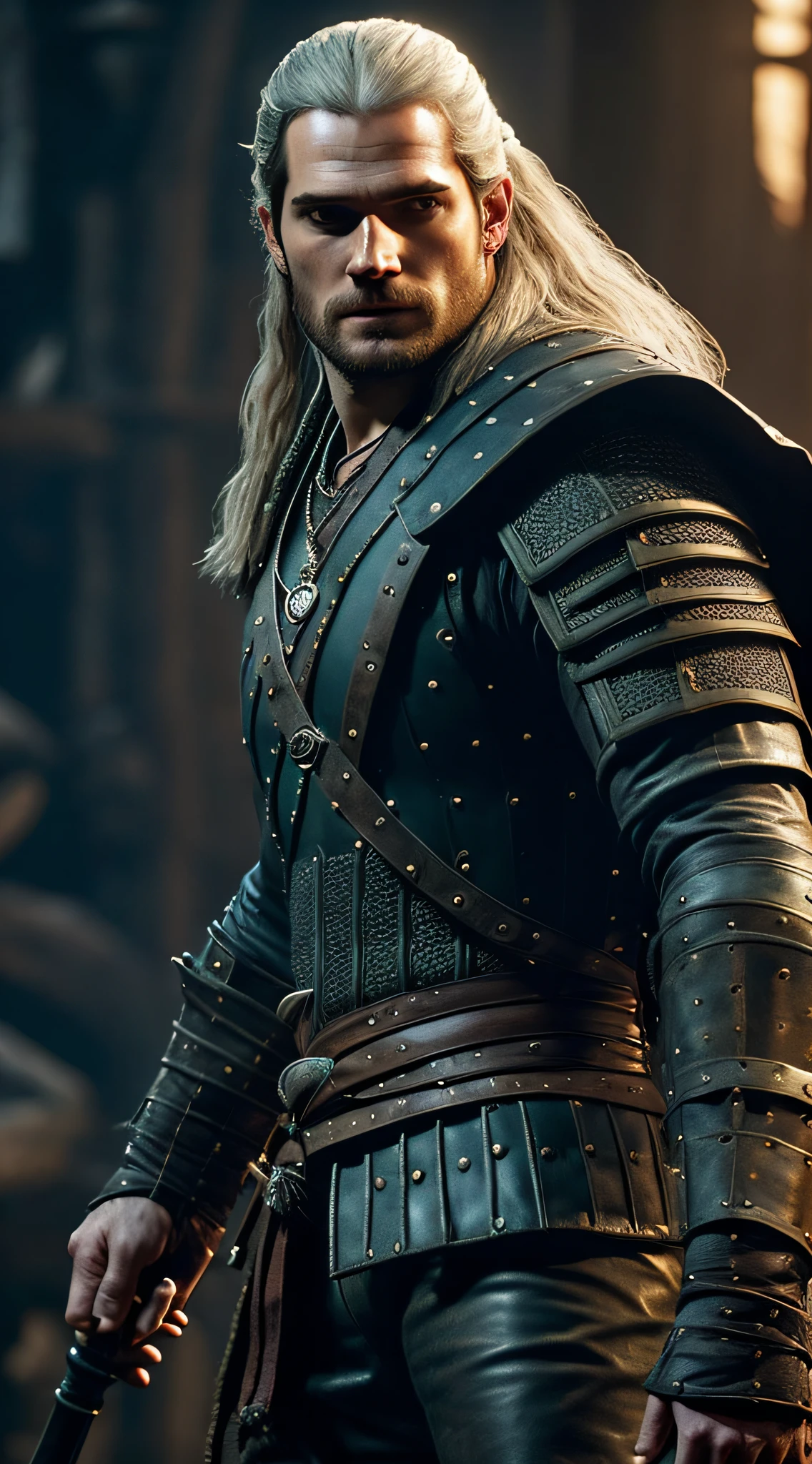 Henry Cavill playing The Witcher in a captivating and dynamic way, showing his rugged charm and intense determination in an epic fantasy world. , sombrio, Cheiron Crush, litografia, side view, Texturing, cinemactic, Realidade virtual, cores altas, hiper-realismo, spot lighting