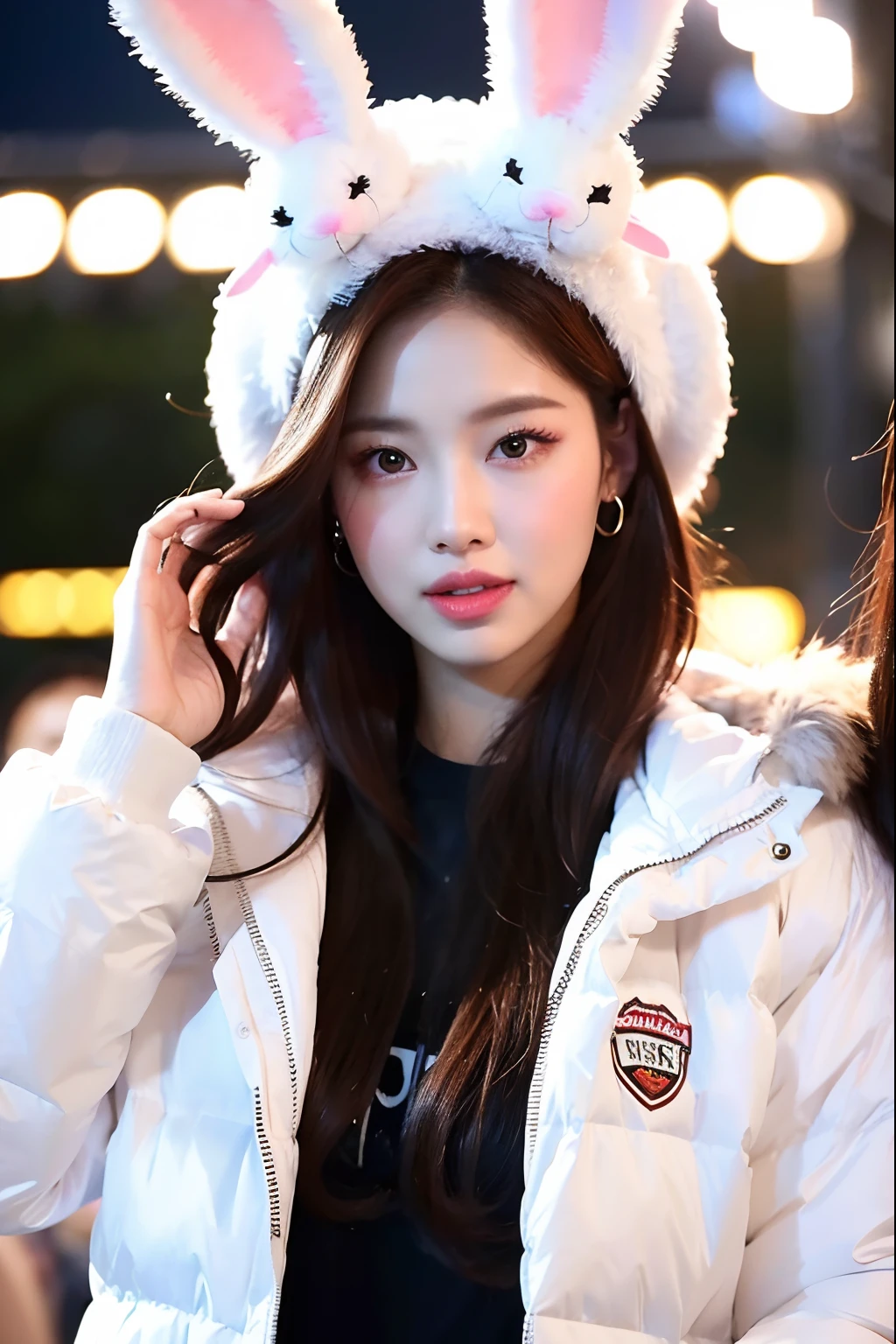 a close up of a person wearing a bunny hat and a white jacket, jossi of blackpink, blackpink jennie, lalisa manobal, lalisa manoban of blackpink, roseanne park of blackpink, jaeyeon nam, wan adorable korean face, portrait of jossi of blackpink, park ji-min, aesthetic!!!!!! female genie, ruan jia beautiful!