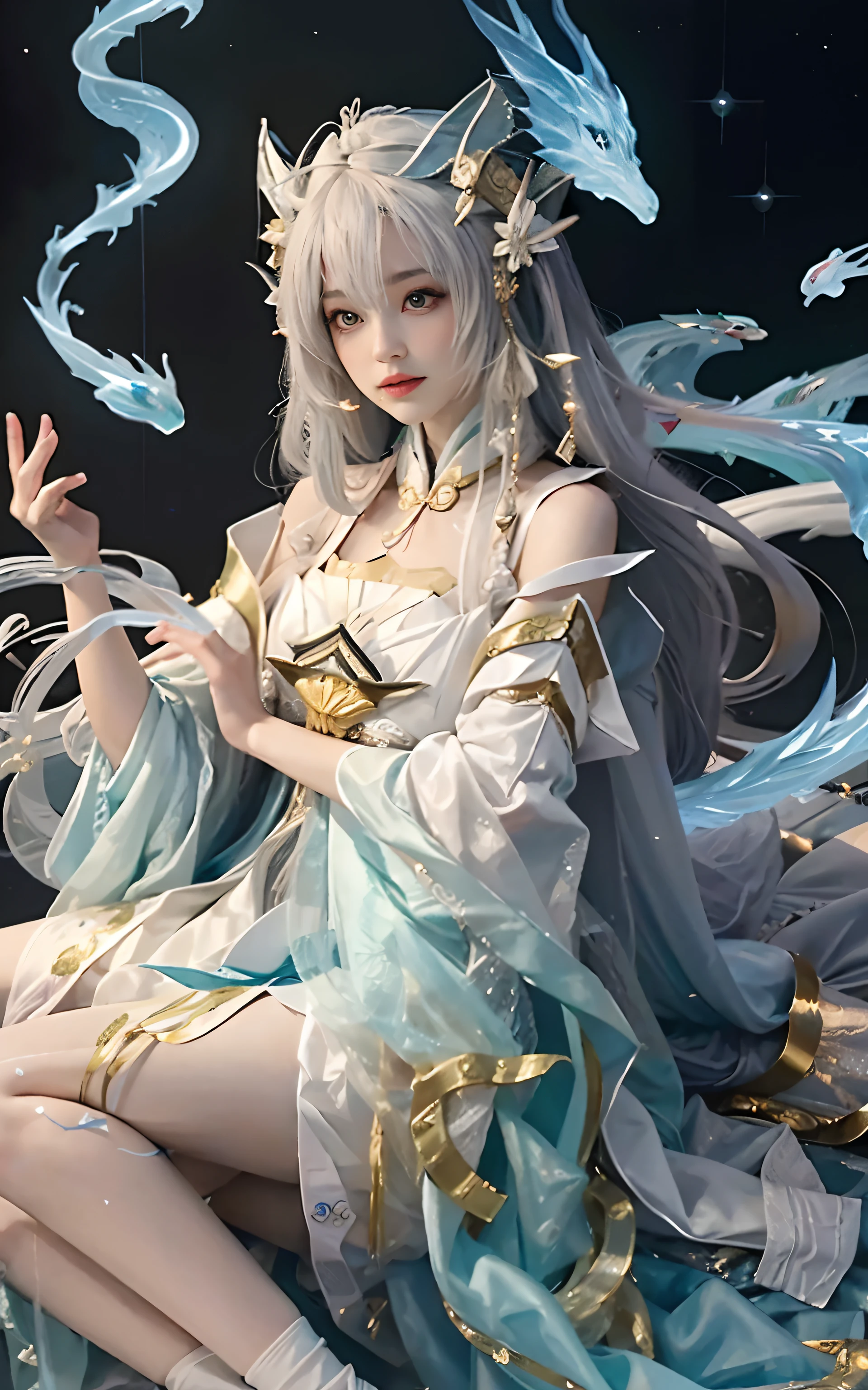 Close-up of a woman in costume on stage,full-body xianxia,Beautiful celestial mage,Amazing young ethereal characters,a beautiful fantasy empress,astral witch clothes,shaxi,A flowing magic robe,White Hanfu,xianxia fantasy,Beauty Delfin,Ethereal fantasy,Elegant and charming cosplay,heise jinyao,Lying on your stomach underground,Feminine and colorful,It's tumultuous