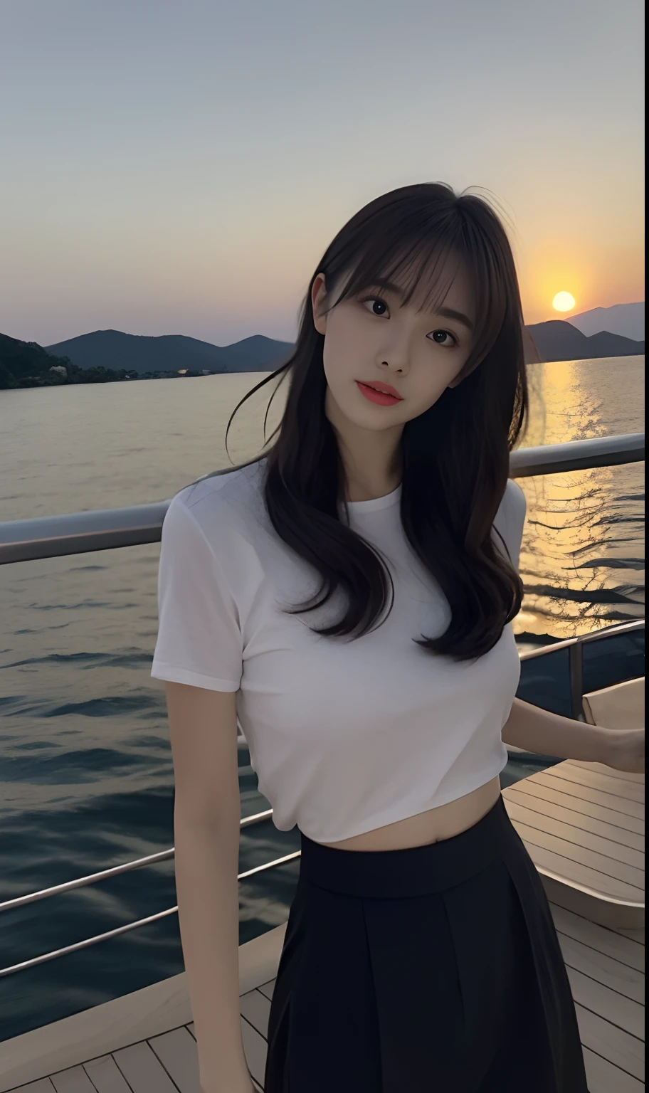 8k, RAW Photos, highest quality, masterpiece:1.2), masterpiece, highest quality, shape, Very detailed, Fine details, High resolution, 8k,wallpaper, Perfect dynamic composition,(High quality with attention to detail, Realistic depiction of eyes:1.3)、Woman with tied hands、Arms around his back、Squatting with legs spread on a yacht at sea、Spreading knees、White panties are visible、Strong winds are blowing、Disheveled Hair、The whole is facing forward、21talent、Beauty、talent、Well-formed face、Even out the eyes、Beautiful black hair、Balanced proportions、Beautiful feet、Short sleeve blouse、Long skirt、Sad face、Beautiful views、