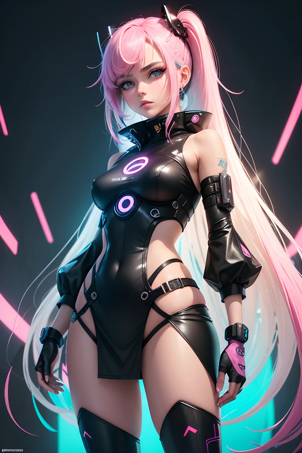 Personagem cyber punk,anime, qualidade obra prima, melhor qualidade, arte final, beleza estetica: 1.5, arte detalhada, Fundo abstrato colorido, Garota, A cor do cabelo, Branco rosado, longos e pratiados, olhos azuis claros neon.
