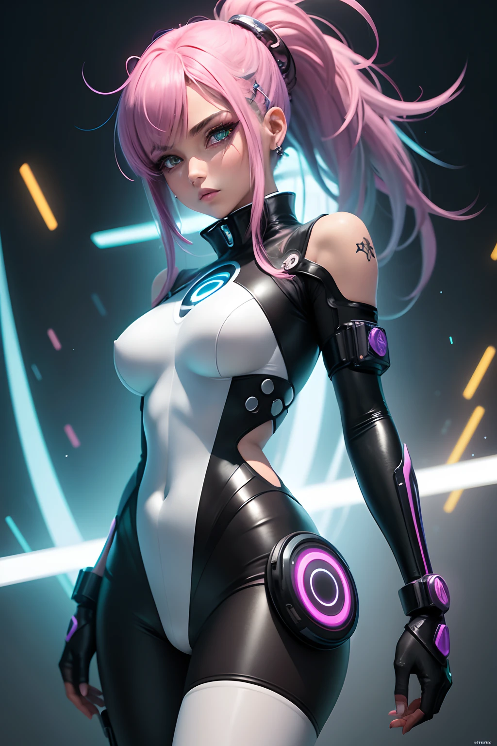 Personagem cyber punk,anime, qualidade obra prima, melhor qualidade, arte final, beleza estetica: 1.5, arte detalhada, Fundo abstrato colorido, Garota, A cor do cabelo, Branco rosado, longos e pratiados, olhos azuis claros neon.