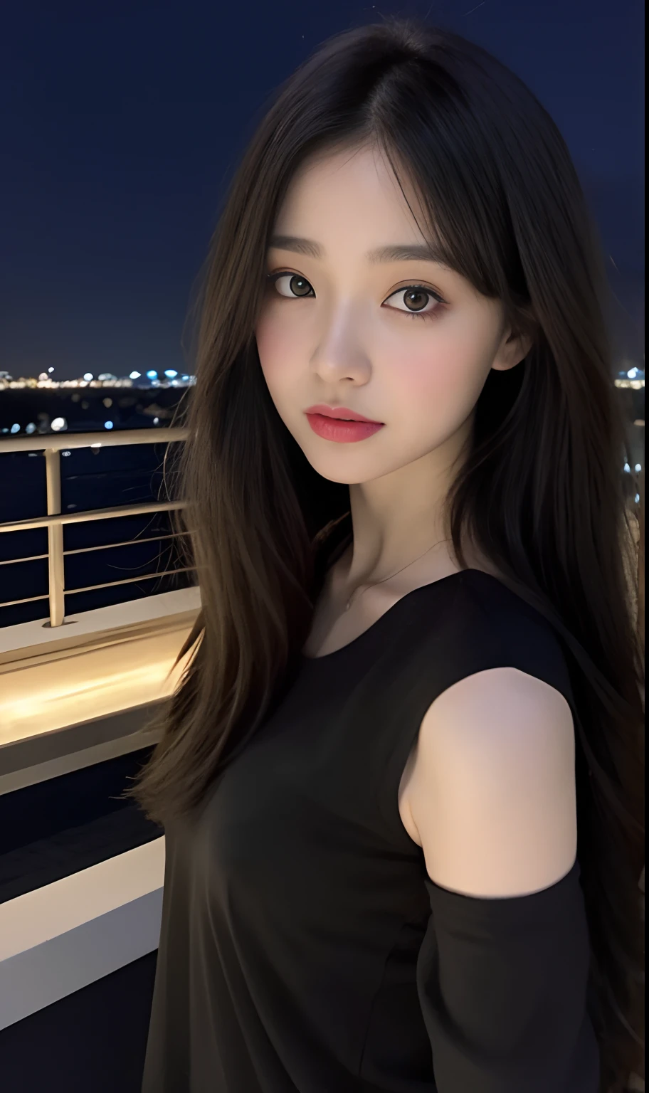 （Original photo of 8K，best qualtiy，tmasterpiece：1.2），（Medium view），the night，Night on a yacht，Sea and night view in the background，best qualtiy，tmasterpiece，（Small mouth：1.2），short- sleeved，short- sleeved，short- sleeved，short- sleeved，an extremely delicate and beautiful one，，astounding，finely detailled，tmasterpiece，Best quality at best，（age 22：1.2），Narrow waist，Slim，is shy，Pure，adolable，Bushy hair，Soft hair，big breasts beautiful，A detailed eye，（long whitr hair：1.2）