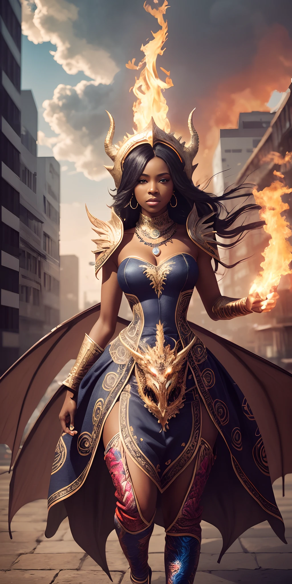 A black woman wearing african designed clothes riding a fierce fire breathing dragon above an african city, bright day shining beautifully, with iridescent light, photorealistic image, 32k, ultra HD, cinematic lighting, artgerm style, highly detailed images, vibrant and beautiful colours, highly detailed facial features, highly detailed hands, highly detailed fingers, highly detailed legs, --auto --s2