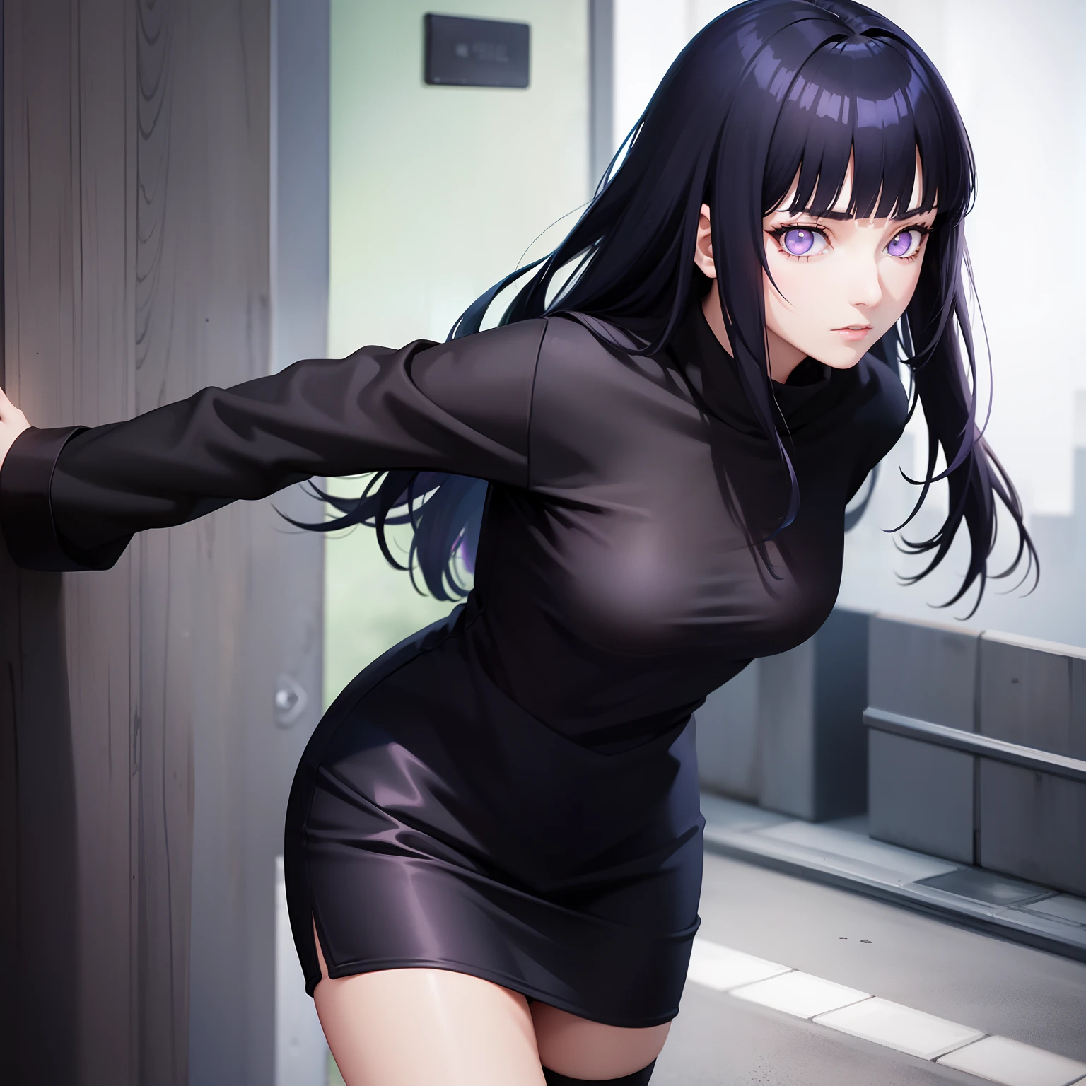 Leader of Runaway Bad Girl, Long Black Jumper, a cool、a miniskirt, Long dark blue hair, Looking at the viewer, Front view,Blunt Bangs, purple eyes