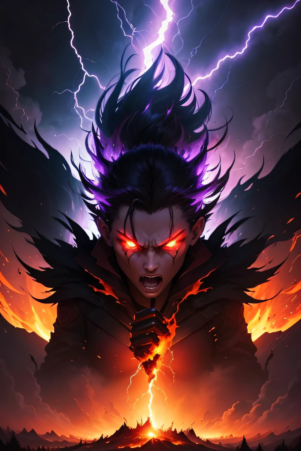 Create a striking wallpaper in the phonk genre with an anime-style character as the centerpiece. The character should have an intense expression of rage, with fiery or lightning-like features emanating from their eyes, hands, or body. The background should be equally intense, predominantly using the colors purple. Depict either a raging storm with lightning bolts illuminating the scene or a fiery inferno with flames engulfing the surroundings, using these colors to create a visually captivating and emotionally charged wallpaper. The overall mood should be dark and dramatic, conveying a sense of raw power and energy. Ensure that the final resolution is suitable for various screen sizes and maintains high-quality details
