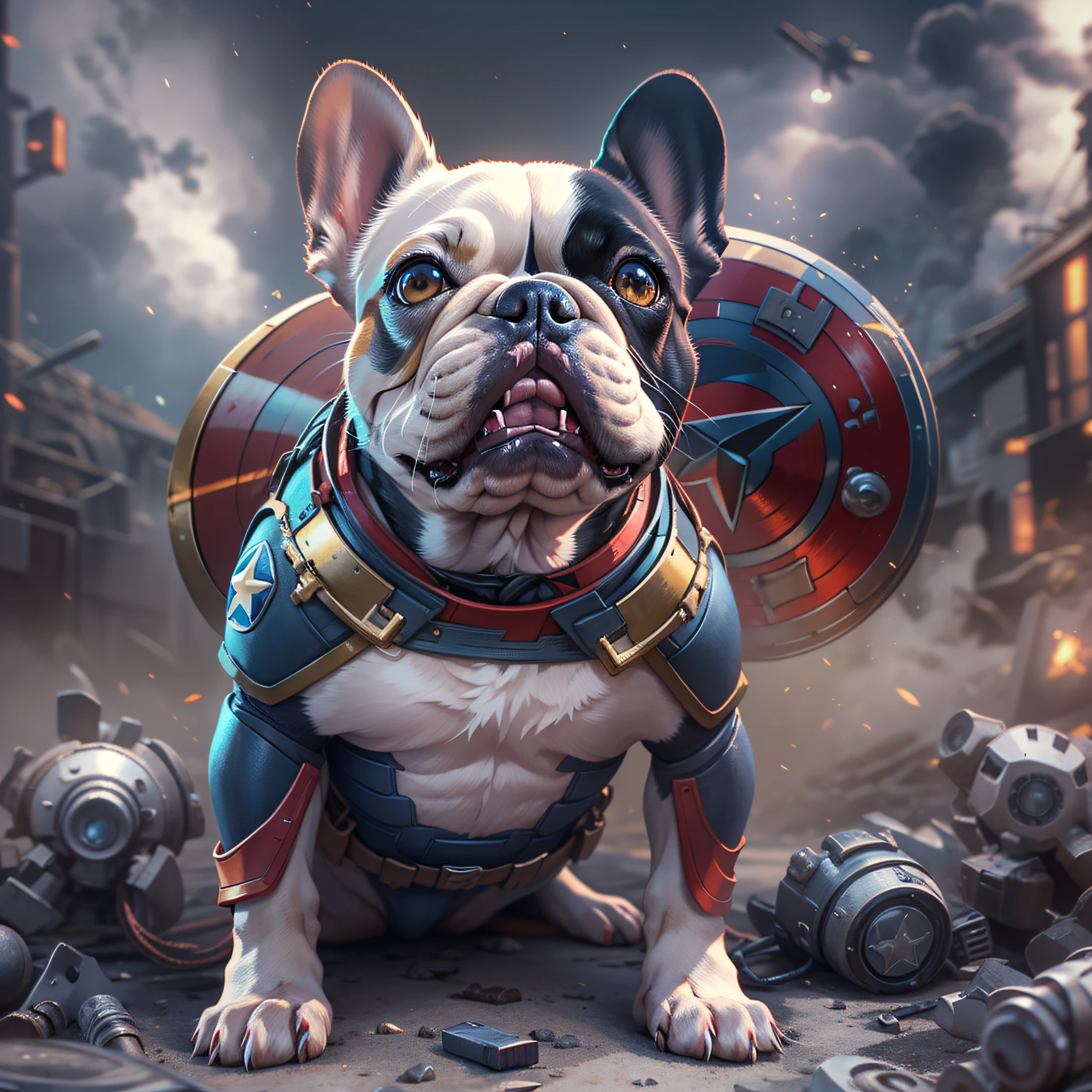 french bulldog, captain america, Klaren Mecha-Planetenhintergrund, Stereoskopischer Effekt, 3D-gerendert, (Beste Illustration), (super detaillierter CG), Digitale Malerei, Eyes of the Milky Way, Ultra-Definition, --ios 120, Akribischer Ausdruck, HDR, Extrem hohe Detailgenauigkeit, Unreal-Engine, satte Farben, Oktan-Rendering, 8K