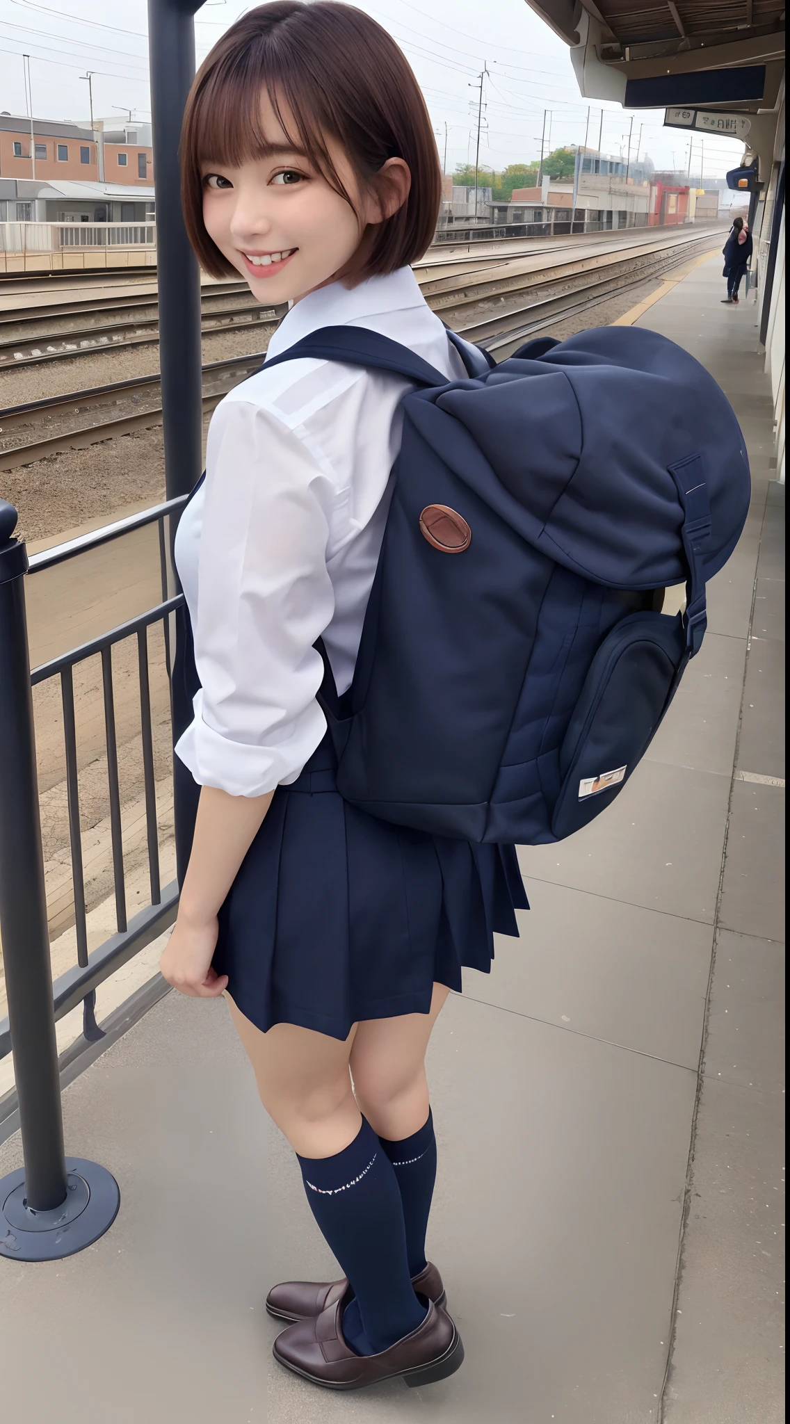 (8K, 超A high resolution, Best Quality, masutepiece:1.2),(18year old:1.2)、(Look away)、8K、RAW portrait of japanese girl、Photorealsitic、超A high resolution、top-quality、 (quite massive chest、Hide all breasts:1.2)(hi-school girl、White collared shirt、Navy Pleated Mini Skirt:1.3)、(Stand on a crowded station platform:1.2) Charming smile、(Brown hair wanlen bob、Black loafers、Navy Socks、Large backpack:1.2)