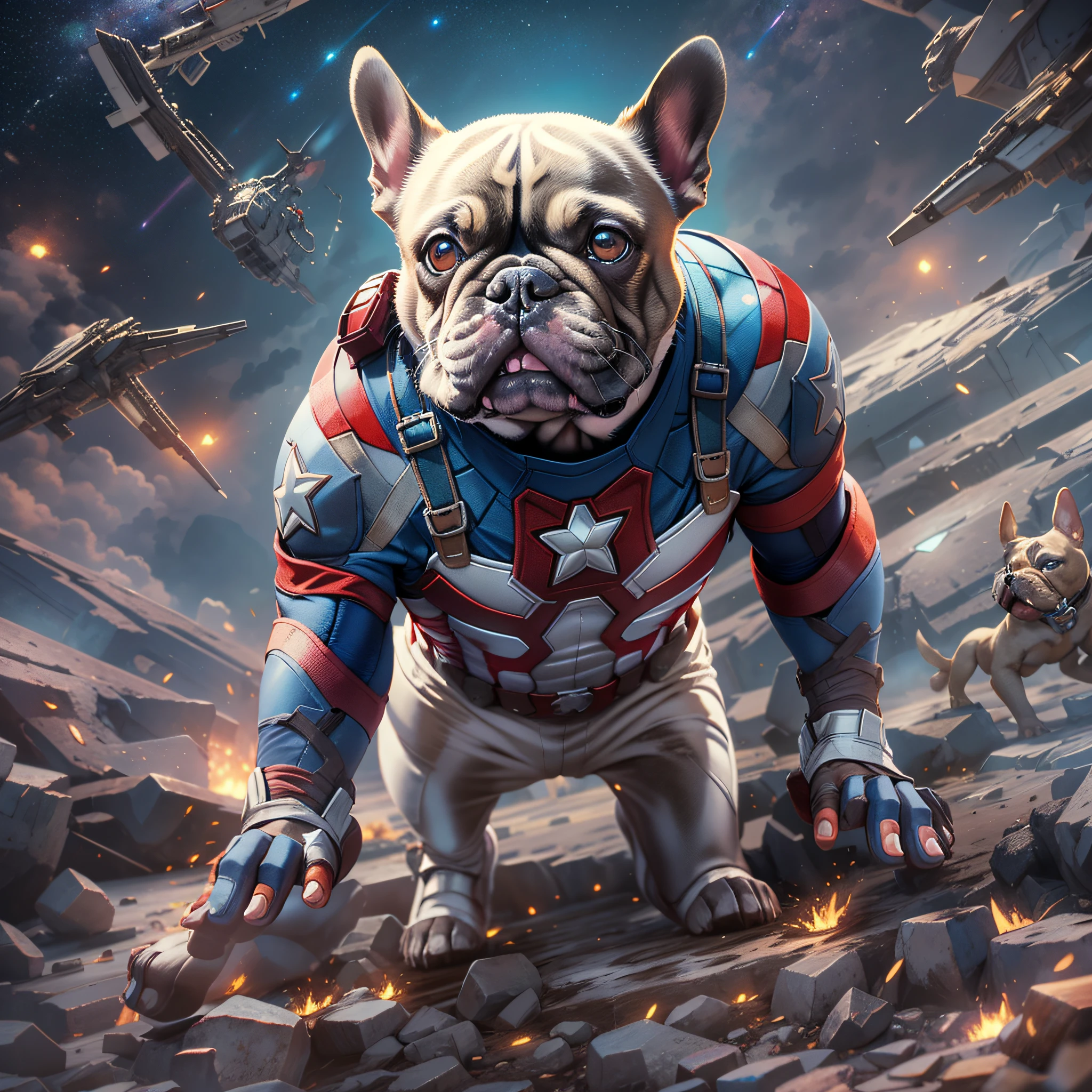 french bulldog, (marvel captain america), Klaren Mecha-Planetenhintergrund, Stereoskopischer Effekt, 3D-gerendert, (Beste Illustration), (super detaillierter CG), Digitale Malerei, Eyes of the Milky Way, Ultra-Definition, --ios 120, Akribischer Ausdruck, HDR, Extrem hohe Detailgenauigkeit, Unreal-Engine, satte Farben, Oktan-Rendering, 8K
