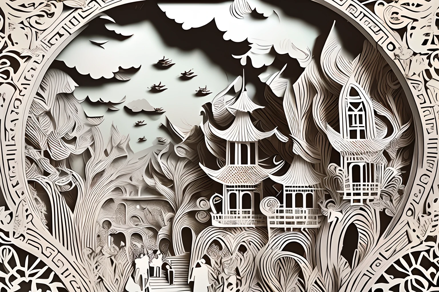 Realistic, paper cut out, MDJRNY-PPRCT, Charming Chinese garden scenery,White tones