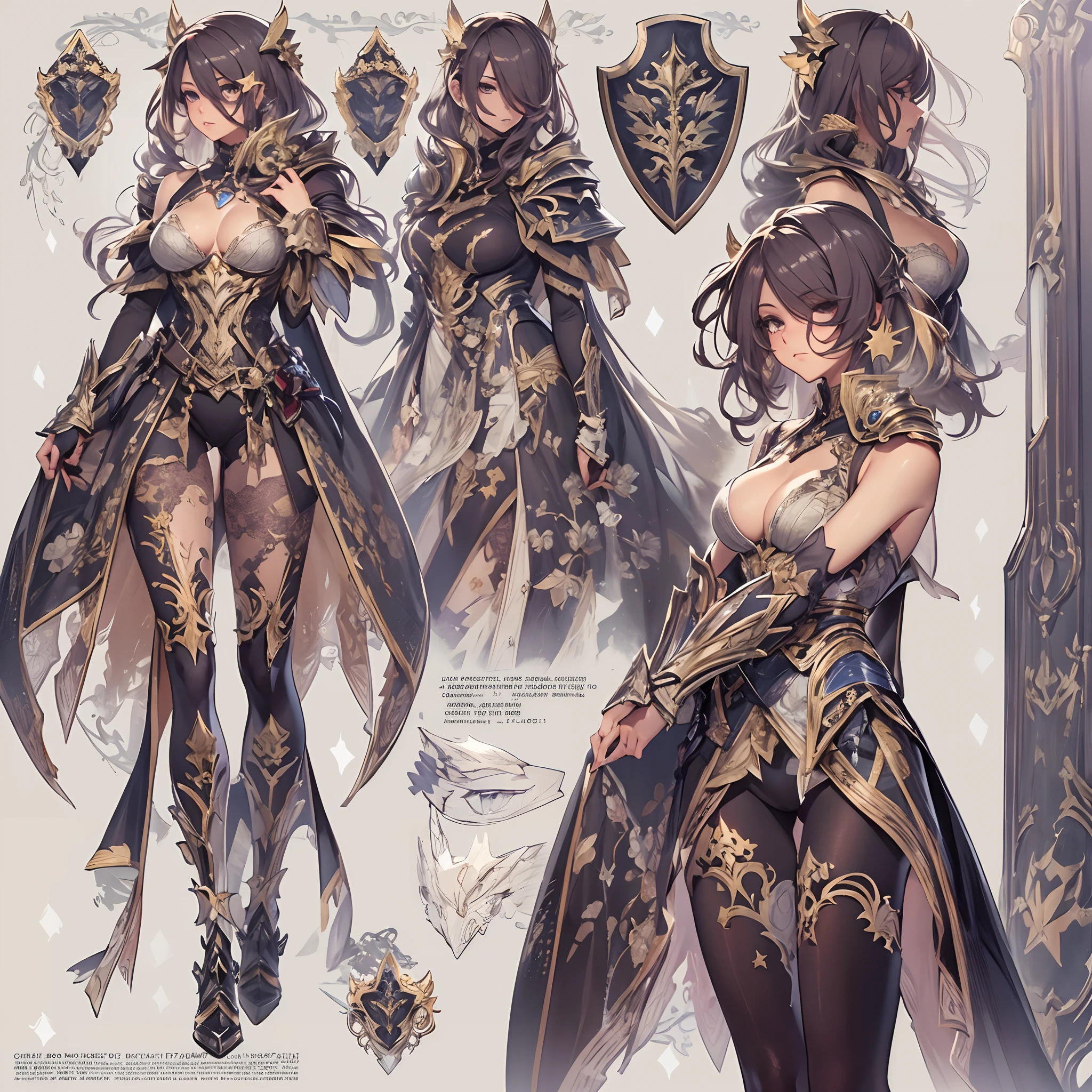 ((Masterpiece, Highest quality)), Detailed face, CharacterDesignSheet, full bodyesbian, Full of details, Multiple poses and expressions, Highly detailed, Depth, Many parts,Beautiful paladin girl,Pure black,estilo fantasia,Holding a shield,Extremely beautiful,High Balance, Natural light, Lace,lacepantyhose,starrysky,Star decoration