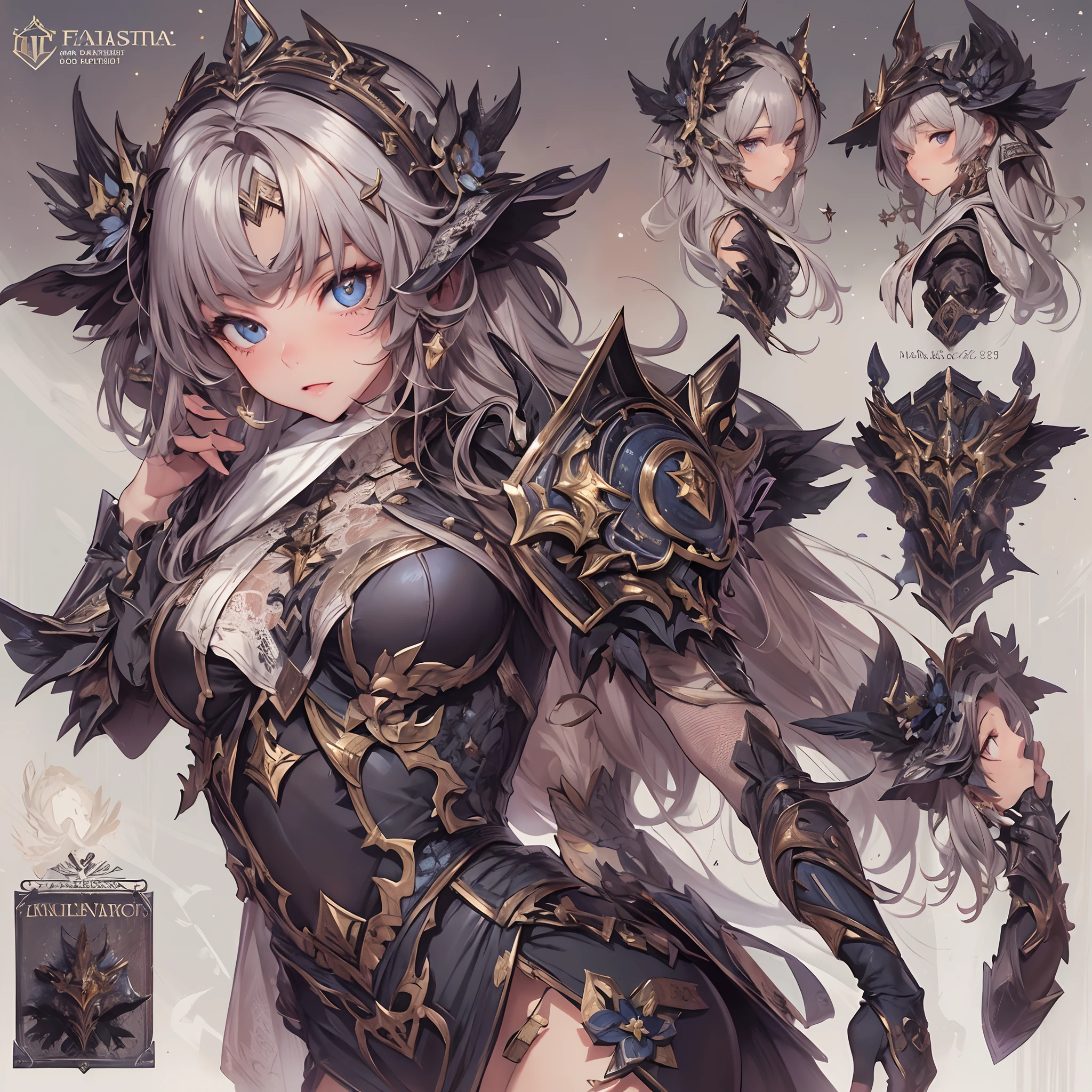 ((Masterpiece, Highest quality)), Detailed face, CharacterDesignSheet， full bodyesbian, Full of details, Multiple poses and expressions, Highly detailed, Depth, Many parts，Beautiful paladin girl，Pure black，estilo fantasia，Holding a shield，Extremely beautiful，High Balance, Natural light, Lace，lacepantyhose，starrysky，Star decoration