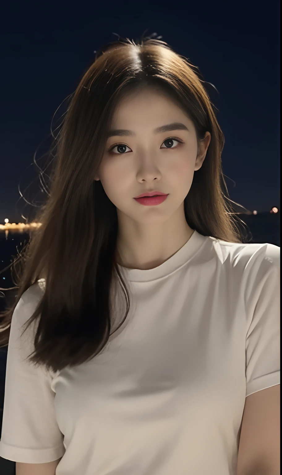 (Original photo of 8K,best qualtiy,tmasterpiece:1.2),(Medium view),the night,Night on a yacht,Sea and night view in the background,best qualtiy,tmasterpiece,(Small mouth:1.2),short- sleeved,short- sleeved,short- sleeved,short- sleeved,an extremely delicate and beautiful one,,astounding,finely detailled,tmasterpiece,Best quality at best,(age 22:1.2),Narrow waist,Slim,is shy,Pure,adolable,Bushy hair,Soft hair,big breasts beautiful,A detailed eye,(long whitr hair:1.2)