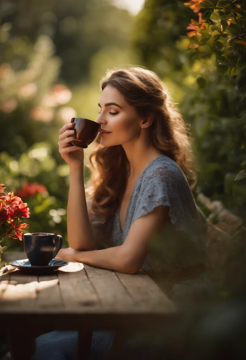 A girl with beautiful detailed eyes and lips enjoying a cup of Americano in a garden. The girl is sitting at a table with a mug in her hands, taking a delicate sip of the coffee. The garden is filled with vibrant greenery, colorful flowers, and a gentle breeze rustling the leaves. The sunlight filters through the branches, casting warm rays of light on the scene. The girl is wearing a casual outfit, with a soft smile on her face, radiating a sense of relaxation and contentment. The coffee is served in a ceramic mug, showcasing the rich brown color of the Americano. The steam rises from the mug, creating an inviting aroma. The overall atmosphere is peaceful and tranquil, inviting the viewers to sit down and enjoy a moment of tranquility in the serene garden setting. The image quality is of the best quality, capturing the details of the girl's features, the colors of the flowers, and the textures of the surroundings. The prompt also includes the realism of the image, with vivid colors, sharp focus, and realistic lighting. The style of the artwork is a blend of realistic and romantic, emphasizing the beauty and harmony of the garden scene. The color palette leans towards warm tones, enhancing the cozy atmosphere of the coffee break. The lighting is soft and natural, enhancing the sense of calm and serenity in the garden setting.