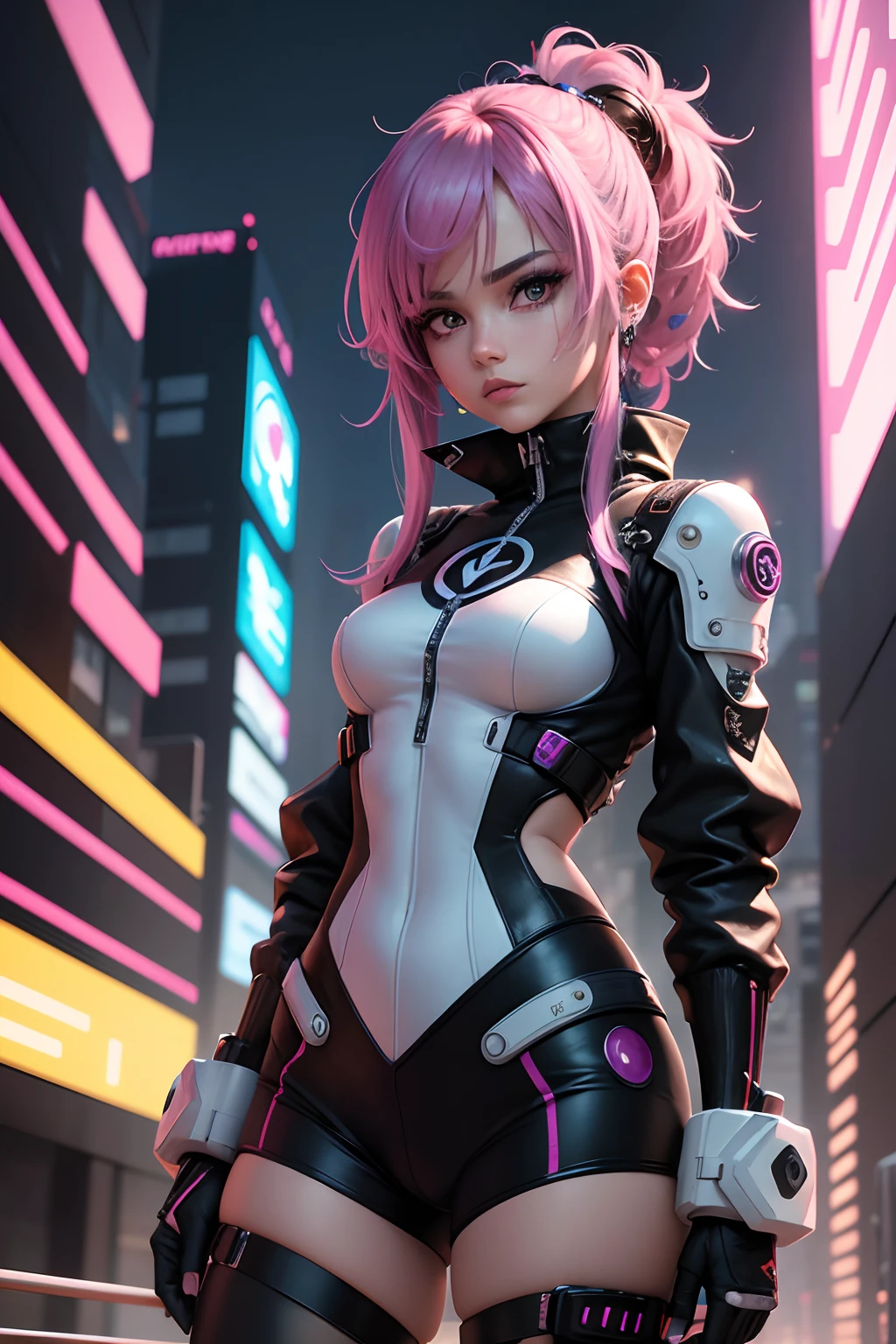Personagem cyber punk,anime, qualidade obra prima, melhor qualidade, arte final, beleza estetica: 1.5, arte detalhada, Fundo abstrato colorido, Garota, A cor do cabelo, Branco rosado, longos e pratiados, olhos azuis claros neon.