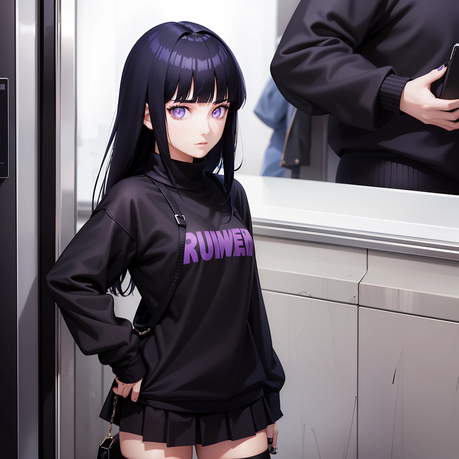Leader of Runaway Bad Girl, Long Black Jumper, a cool、a miniskirt, Long dark blue hair, Looking at the viewer, Front view,Blunt Bangs, purple eyes