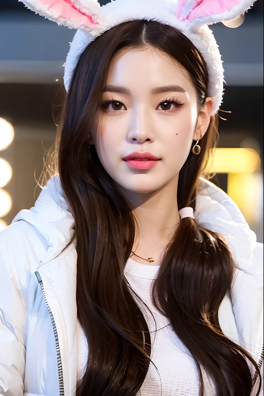 a close up of a person wearing a bunny hat and a white jacket, jossi of blackpink, blackpink jennie, lalisa manobal, lalisa manoban of blackpink, roseanne park of blackpink, jaeyeon nam, wan adorable korean face, portrait of jossi of blackpink, park ji-min, aesthetic!!!!!! female genie, ruan jia beautiful!