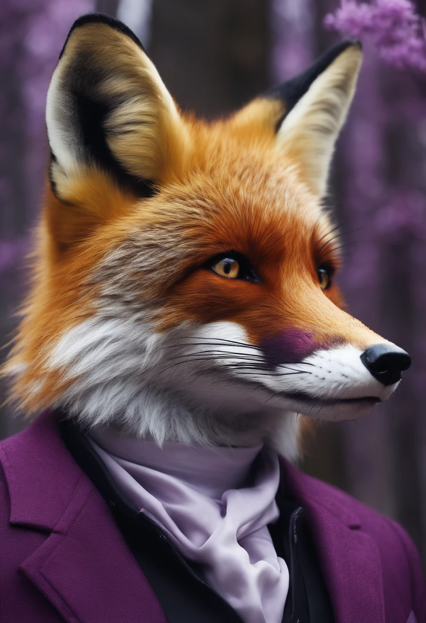 Realistic photo ultra Hd Imposing fox with purple suit white breastplate glasses forest background, de frente