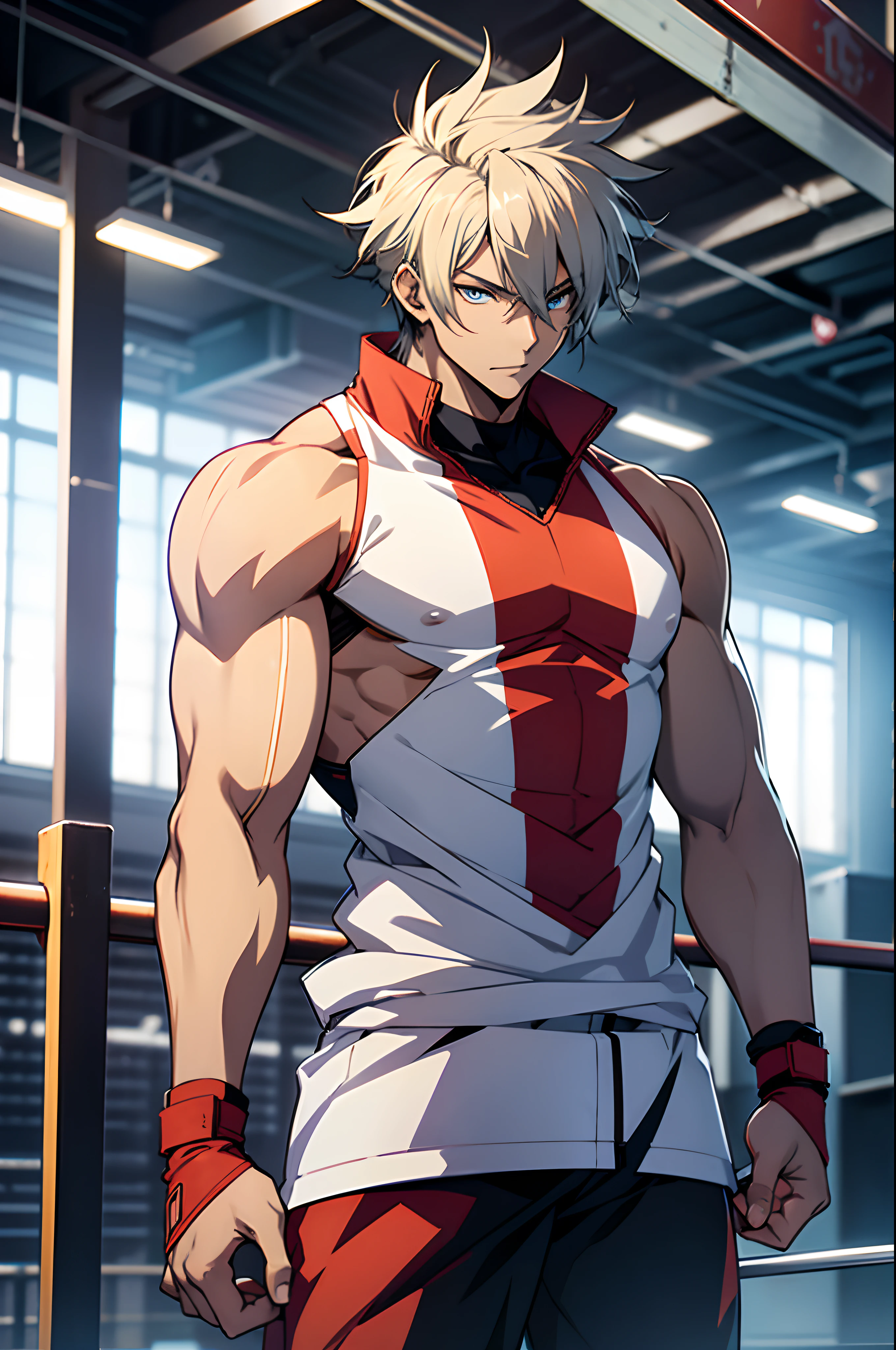 anime guy with good body, anime handsome man, handsome anime pose, standing, in gym, visible shoulders, strong arms, tall anime guy with blue eyes .