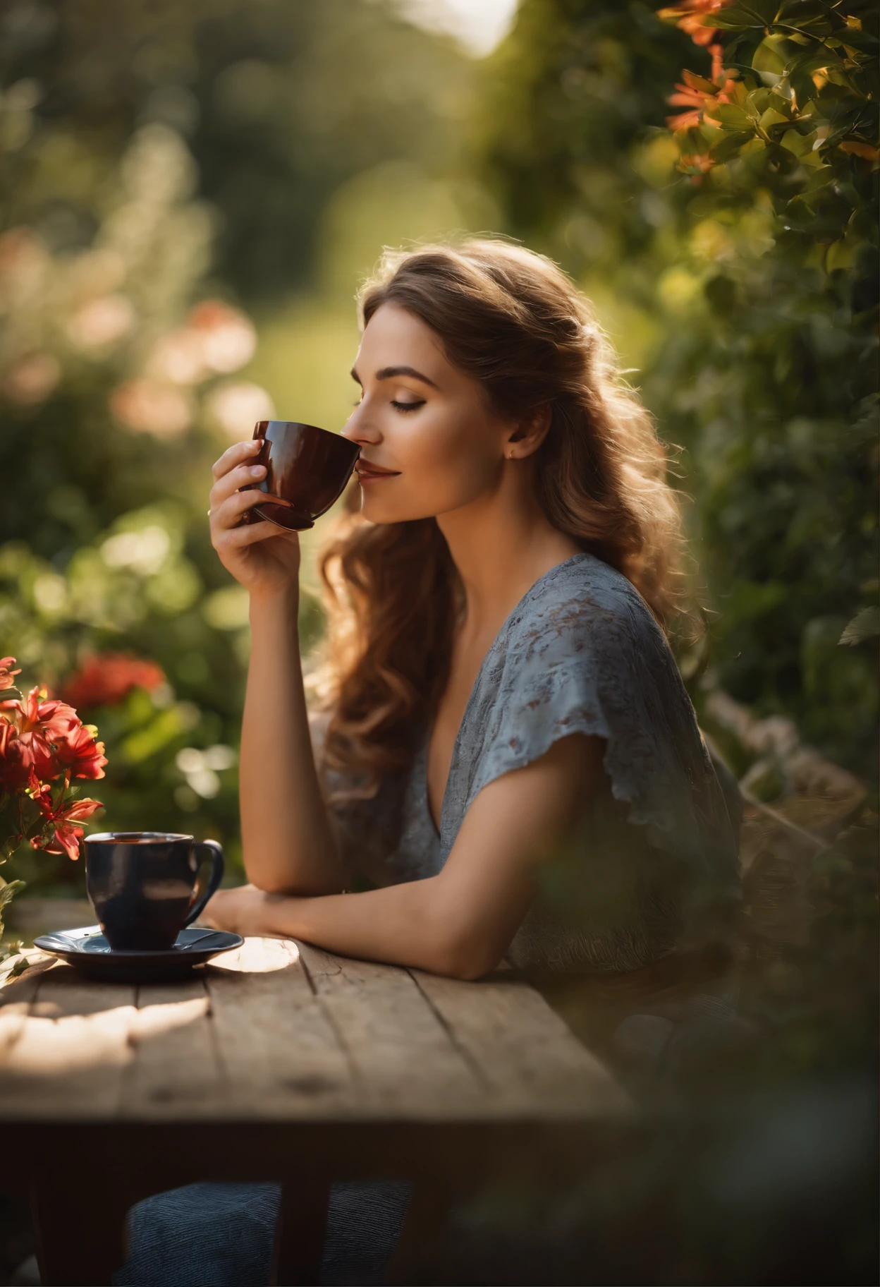 A girl with beautiful detailed eyes and lips enjoying a cup of Americano in a garden. The girl is sitting at a table with a mug in her hands, taking a delicate sip of the coffee. The garden is filled with vibrant greenery, colorful flowers, and a gentle breeze rustling the leaves. The sunlight filters through the branches, casting warm rays of light on the scene. The girl is wearing a casual outfit, with a soft smile on her face, radiating a sense of relaxation and contentment. The coffee is served in a ceramic mug, showcasing the rich brown color of the Americano. The steam rises from the mug, creating an inviting aroma. The overall atmosphere is peaceful and tranquil, inviting the viewers to sit down and enjoy a moment of tranquility in the serene garden setting. The image quality is of the best quality, capturing the details of the girl's features, the colors of the flowers, and the textures of the surroundings. The prompt also includes the realism of the image, with vivid colors, sharp focus, and realistic lighting. The style of the artwork is a blend of realistic and romantic, emphasizing the beauty and harmony of the garden scene. The color palette leans towards warm tones, enhancing the cozy atmosphere of the coffee break. The lighting is soft and natural, enhancing the sense of calm and serenity in the garden setting.