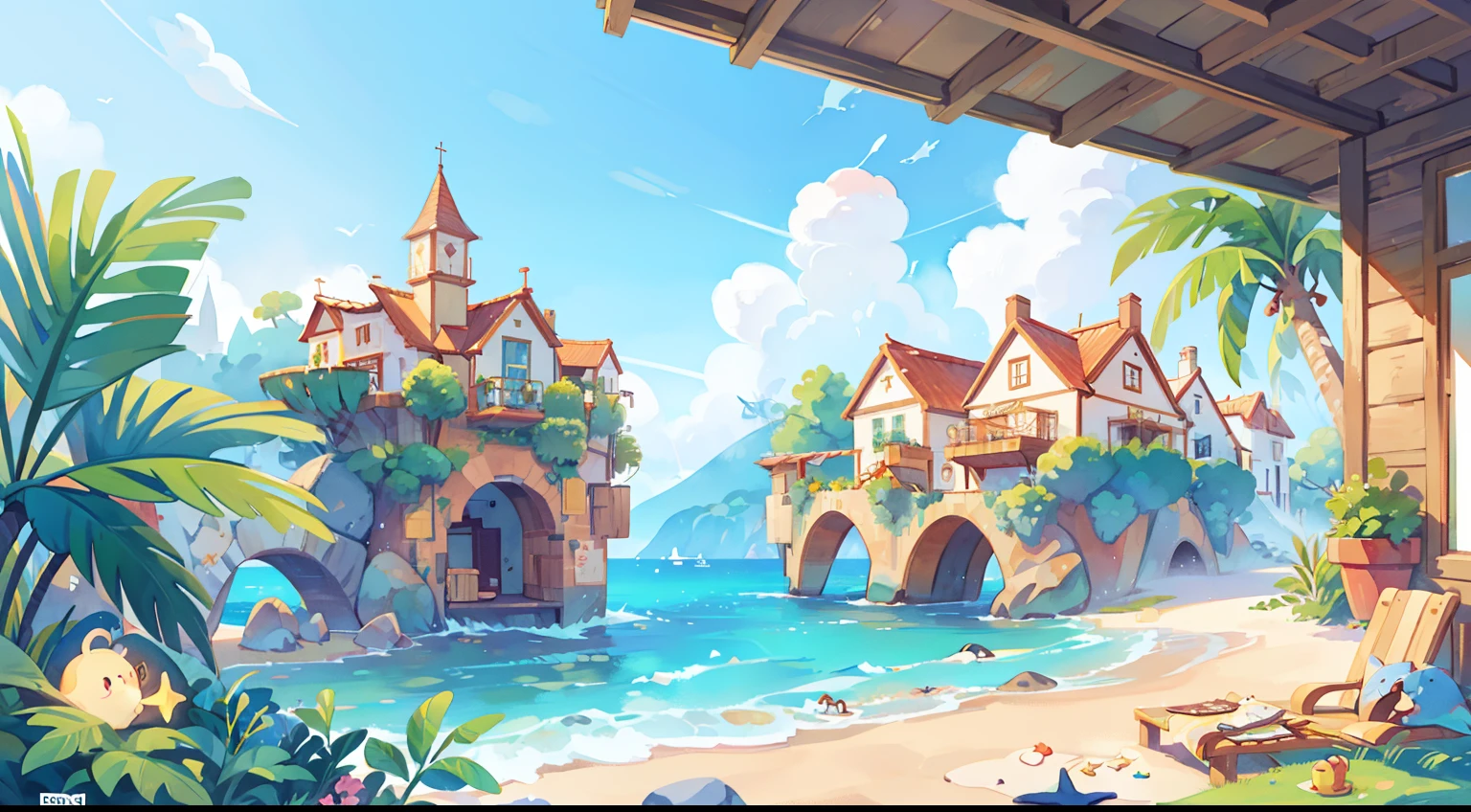 ((Picture book illustration)), Ocean Fantasy, Watercolor illustration, caprichoso, Cores quentes, aldeia Cyberpunk, Casas Cyberpunk, farol enorme, ((master part)), ambiente altamente detalhado