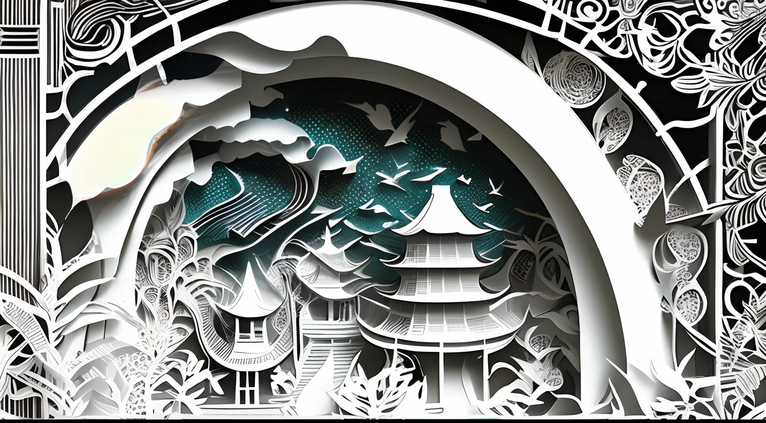 Realistic, paper cut out, MDJRNY-PPRCT, Charming Chinese garden scenery,White tones，arte em papel cortado, Precision cutting，