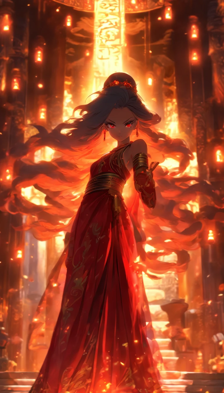 digital art, full body, in the center of the frame, masterpiece, best quality, 1girl, empress, detailed face, super detailed glowing red eyes, long flowing red hair, detailed hair, inside a temple, well lit, illuminated environment , solo, looking at viewer, long ceremonial costume, circle of magic, high light, ray tracing, 8K,