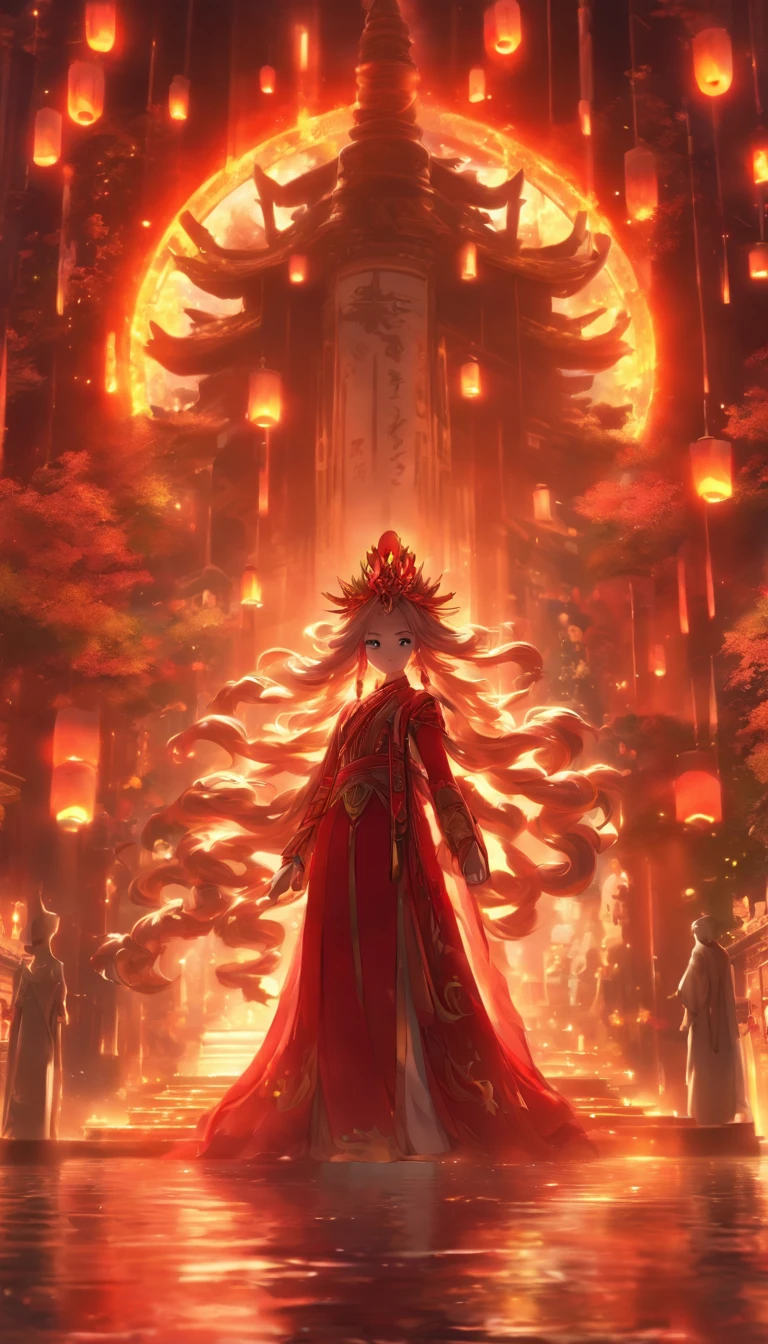 digital art, full body, in the center of the frame, masterpiece, best quality, 1girl, empress, detailed face, super detailed glowing red eyes, long flowing red hair, detailed hair, inside a temple, well lit, illuminated environment , solo, looking at viewer, long ceremonial costume, circle of magic, high light, ray tracing, 8K,