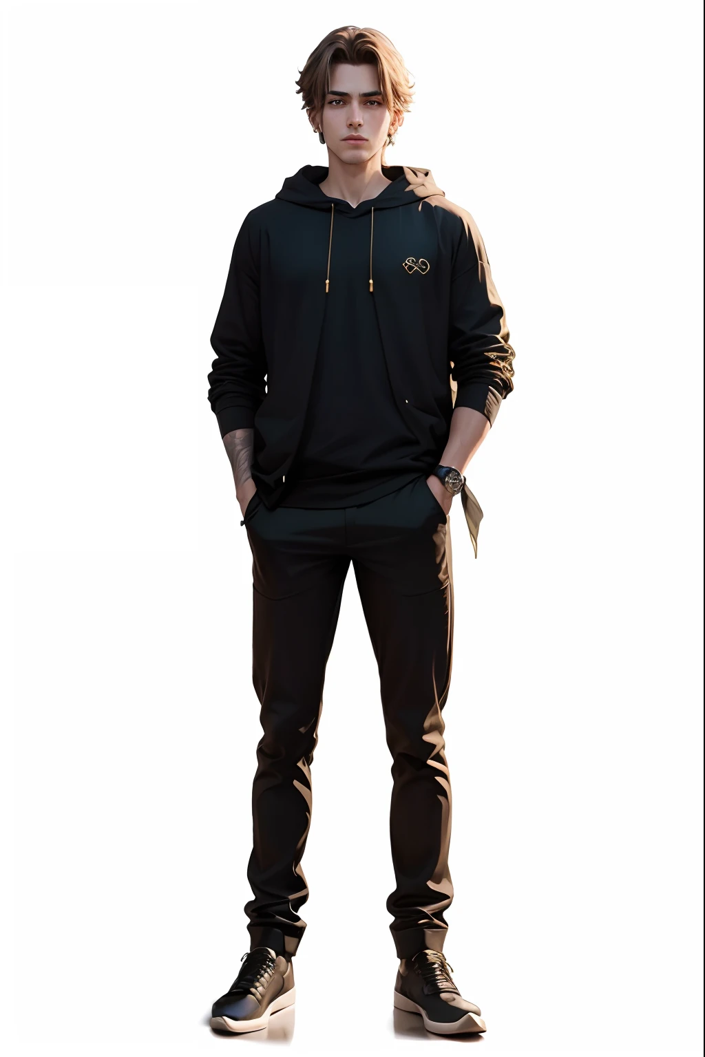 green eyes, strong, antique gold watch on his right wrist, black clothes, RPG piece