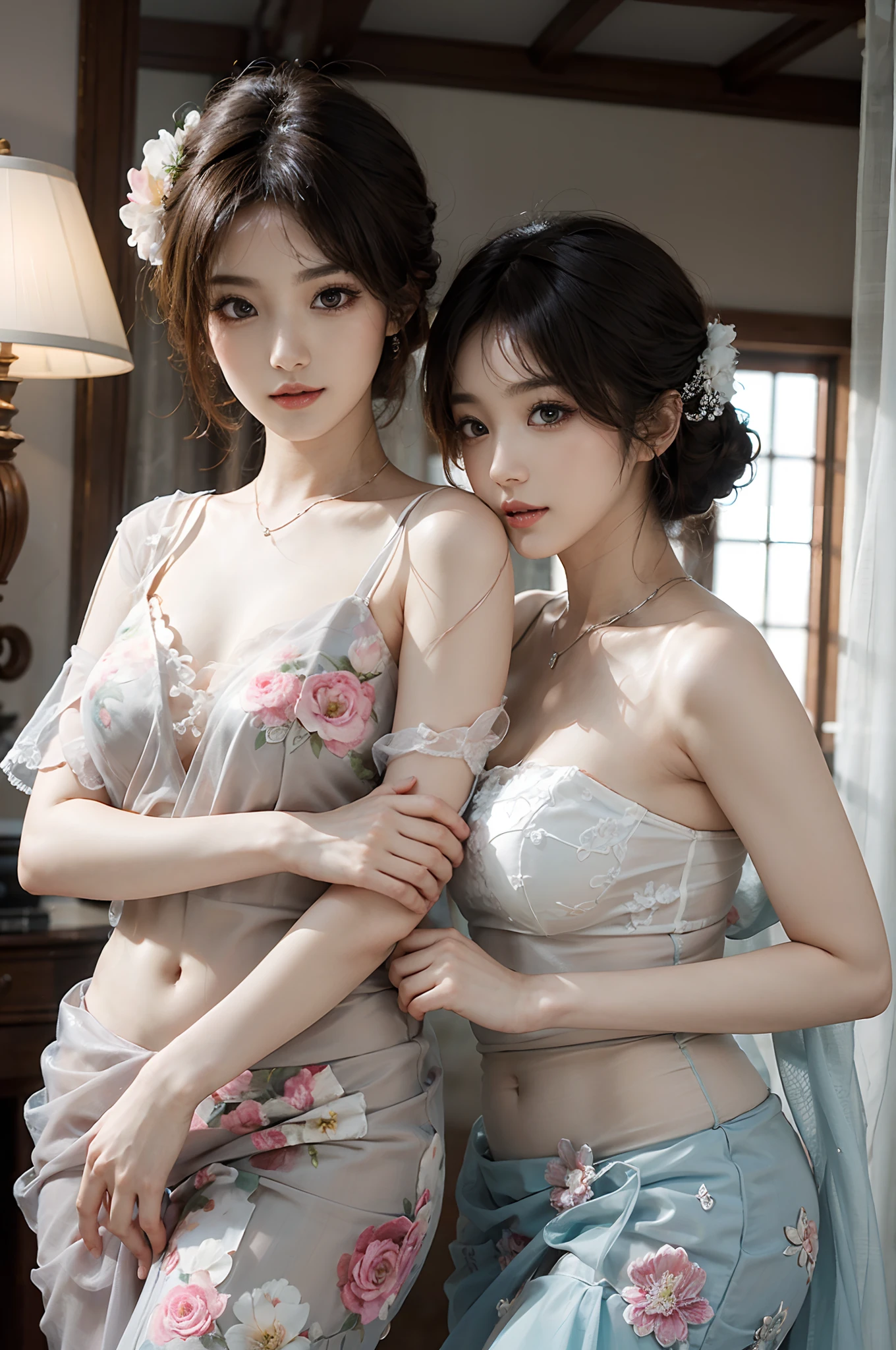 Portrait of two stunning women in a floral organza saree, (ulzzang-6500-v1.3,pureeroface_v1,octane render),elegant pose,xxmix girl womebrijes art style),