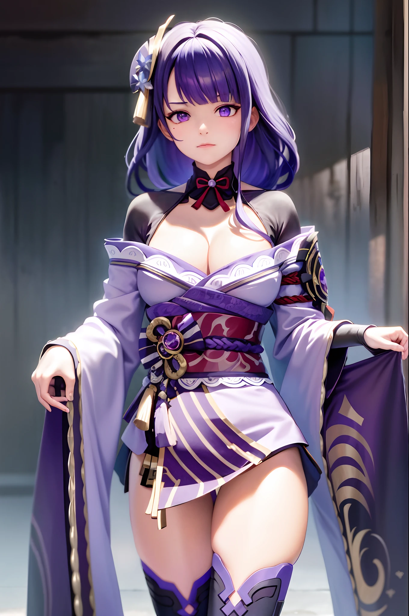 Masterpiece, Best quality, 1girll,Raiden Shogun, Purple hair, Long hair,Braid,hair adornments,Purple eyes,dark mole, cleavage,Shoulder armor, komono,Long sleeves,Wide sleeves,sash,Obi,?????? tassels,Tomoe \(symbol\),visions \(Genshin Impact\),purple thighhighs,obijime, Obiage,greybackground, Thighs,kbxll