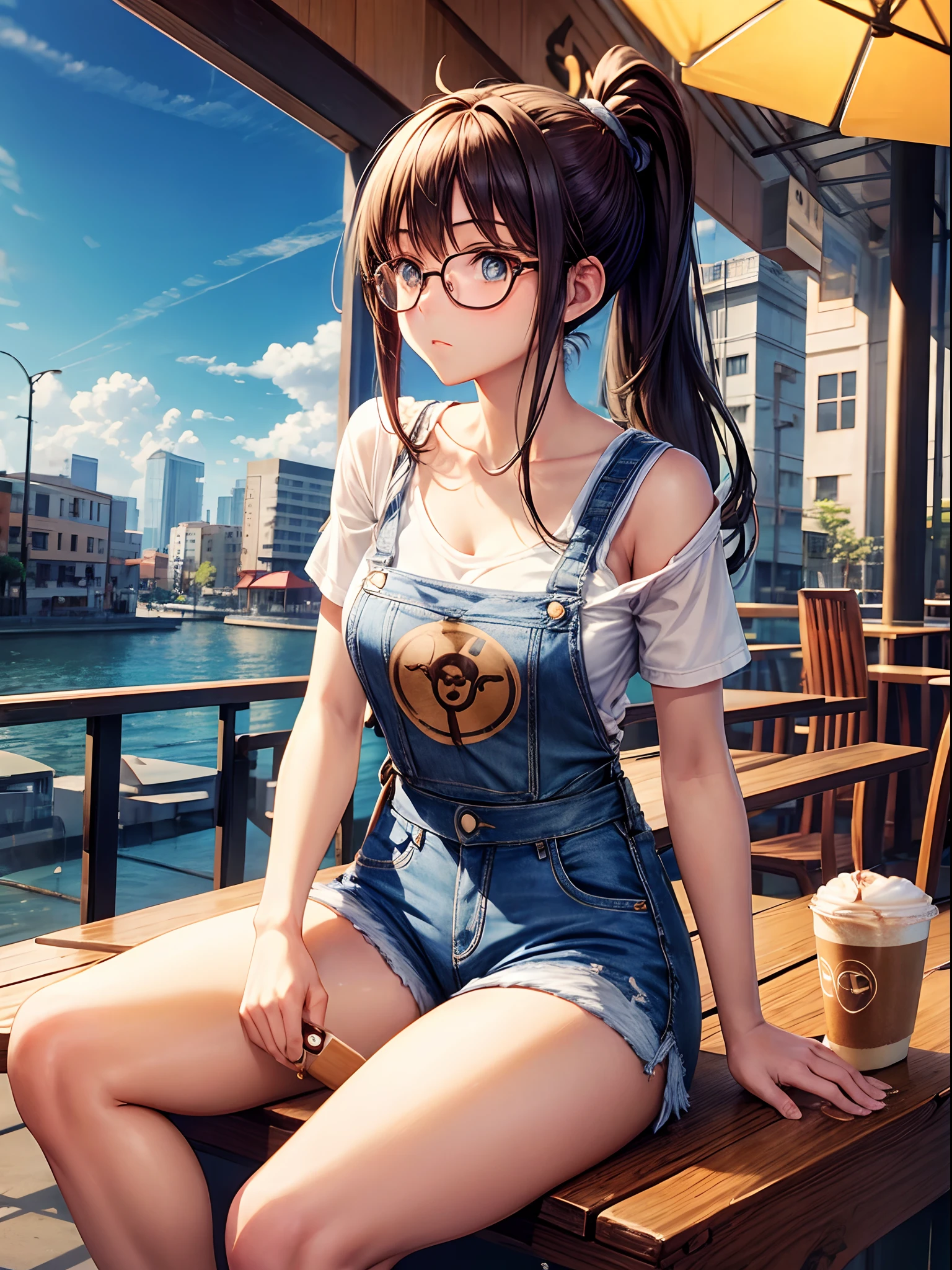 Anime girl, denim shorts, sitting, drinking coffee, (((cafe))), wearing glasses, ((ponytail))
