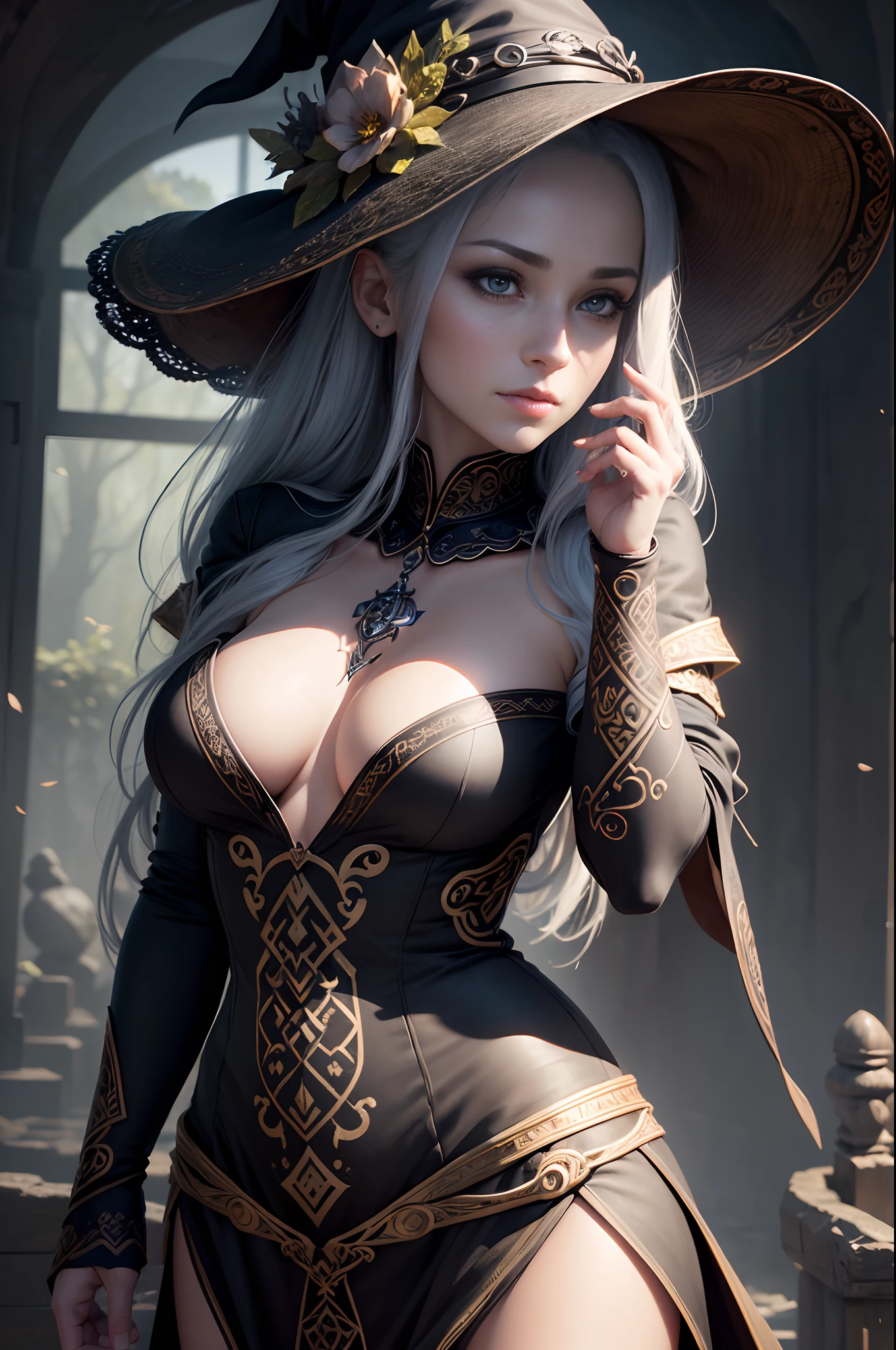 ((Best Quality)), ((masutepiece)), ((Realistic)), Celtic witch, Witch, artistic anatomic hands, Artistic anatomy, Black eyes, Female face, , Trending on ArtStation, Sharp Focus, studio photo, Intricate details, Very detailed, Detailed eyes, Illustration, Very detailed, Sharp Focus, a digital rendering, Professional, 8K　Beautiful expression　超A high resolution　real looking skin