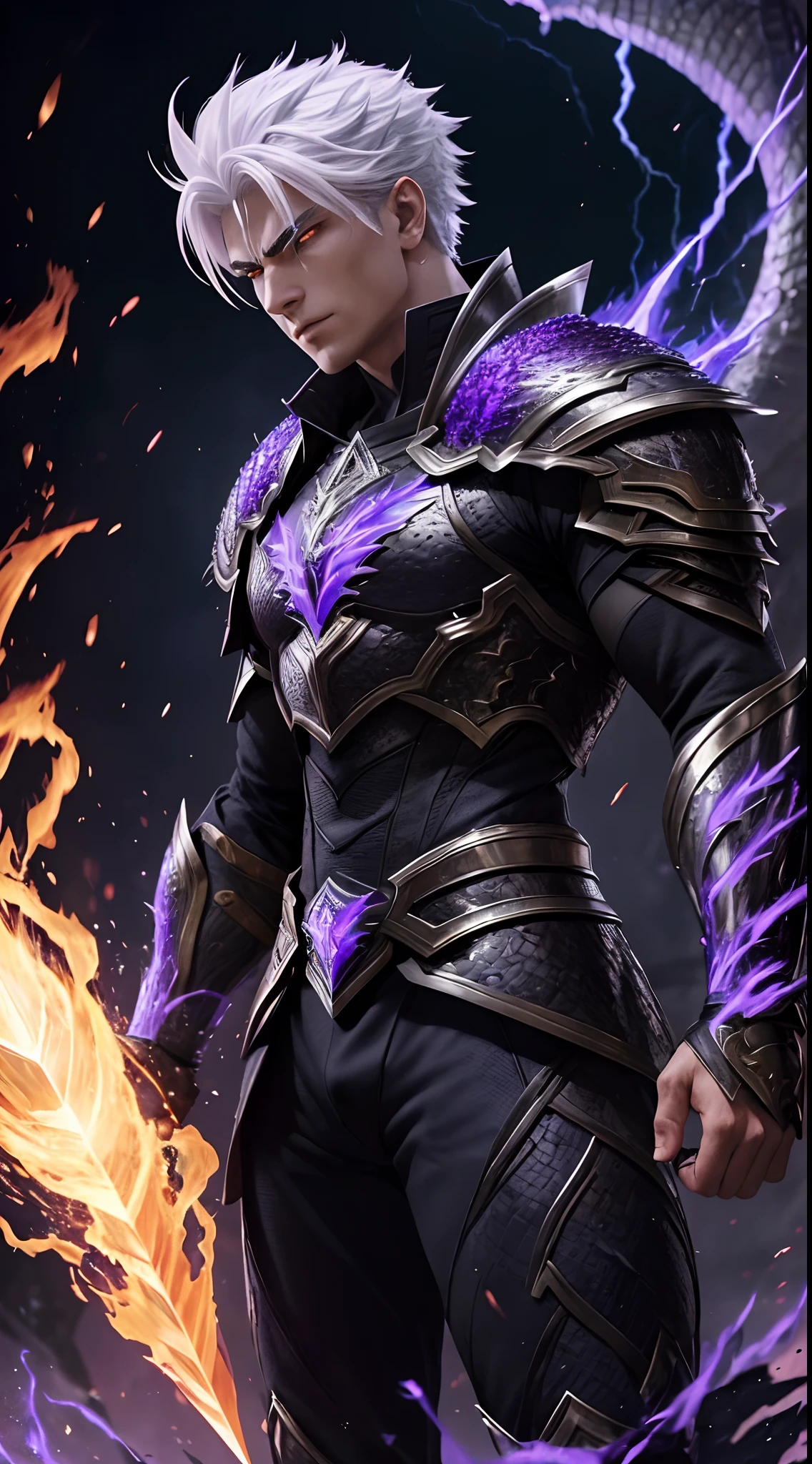"A vision of strength and power, the young warrior with white hair commands attention with his handsome face and piercing, fiery eyes. His full body armor, inspired by dragon scales, shimmers with the intensity of hell fire and crackles with purple black lightning, a true embodiment of his fierce spirit."