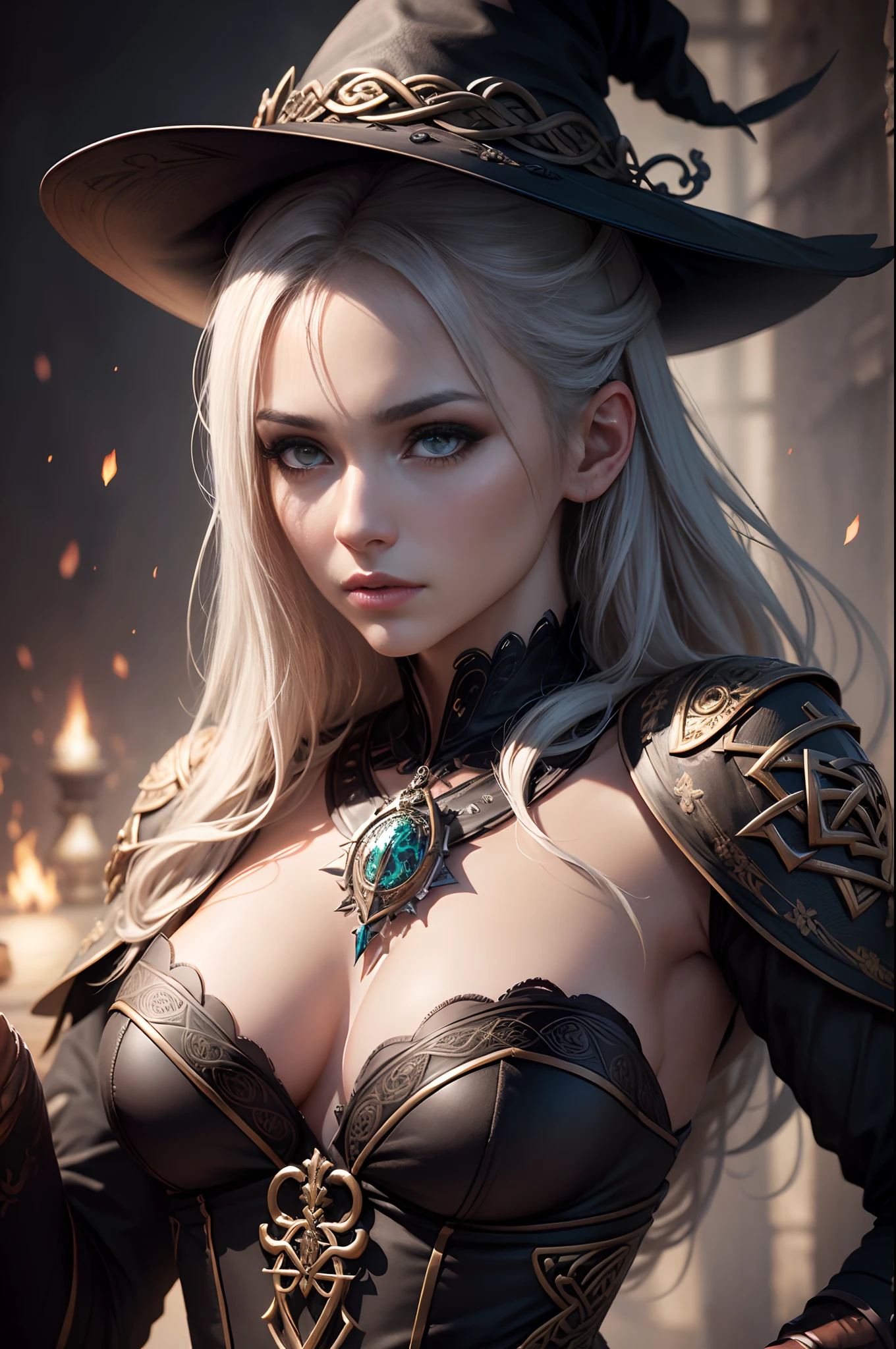 ((Best Quality)), ((masutepiece)), ((Realistic)), Celtic witch, Witch, artistic anatomic hands, Artistic , Black eyes, Female face, , Trending on ArtStation, Sharp Focus, studio photo, Intricate details, Very detailed, Detailed eyes, Illustration, Very detailed, Sharp Focus, a digital rendering, Professional, 8K　Beautiful expression　超A high resolution　real looking skin