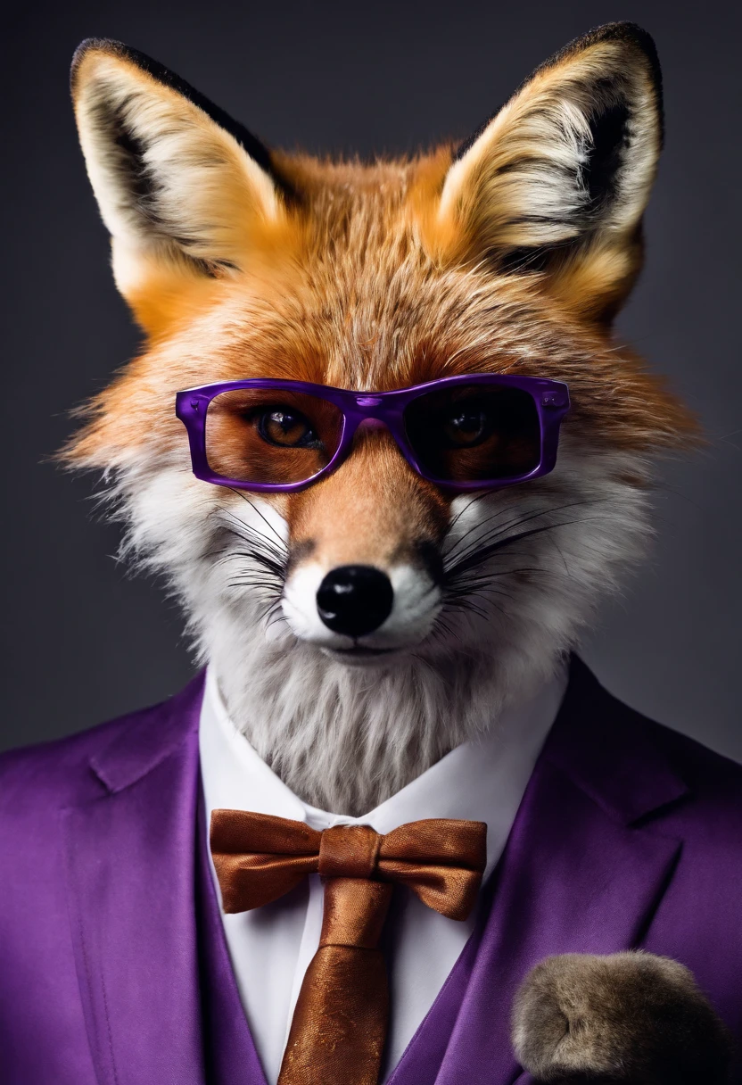 Ultra realistic photo Hd Imposing fox with purple suit white breastplate glasses film studio background, de frente