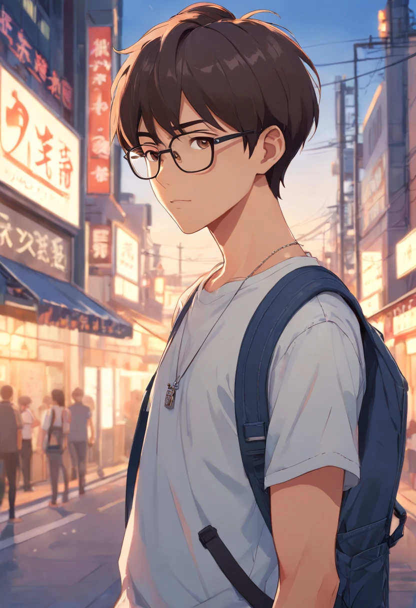 beautiful detailed Character sheet, a guy, tan complexion, short black buzzcut haircut, brown eyes, wearing clear glasses, wearing denim jeans, sliver skull necklace, backpack, black sneakers, white t-shirt, absurdres, high res, ultra sharp, 8k, masterpiece