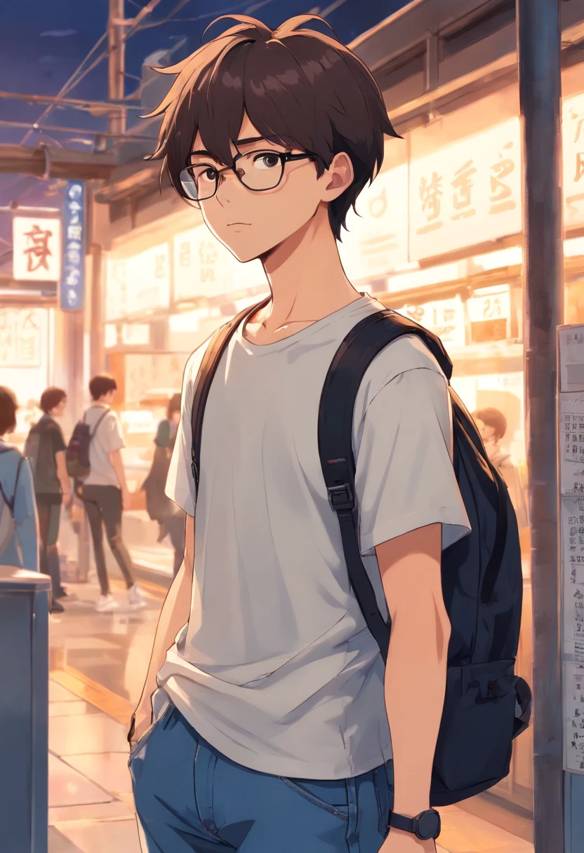 beautiful detailed Character sheet, a guy, tan complexion, short black buzzcut haircut, brown eyes, wearing clear glasses, wearing denim jeans, sliver skull necklace, backpack, black sneakers, white t-shirt, absurdres, high res, ultra sharp, 8k, masterpiece