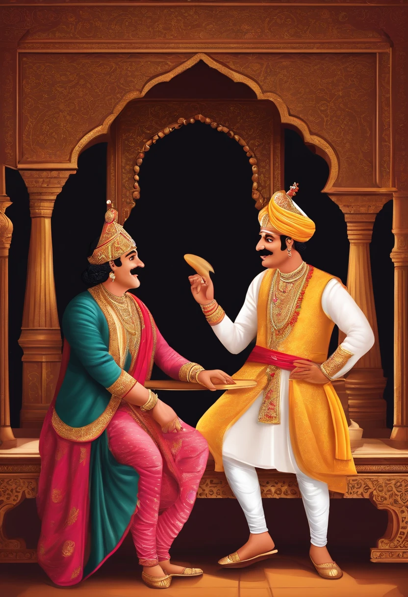 "Create a captivating image prompt featuring Akbar and Birbal engaged in a clever and humorous exchange at the royal court."
