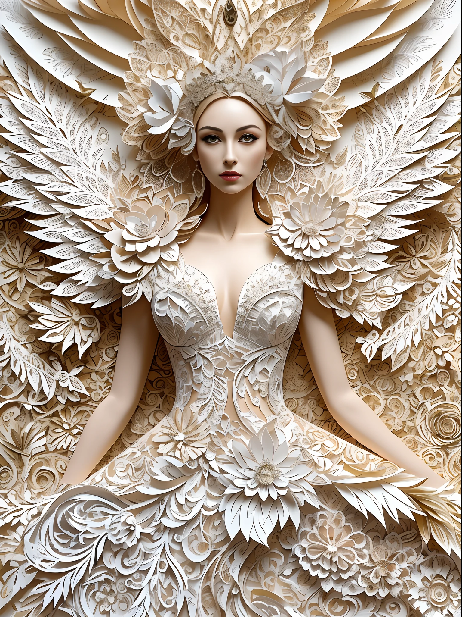 (((arte em papel cortado,Flat paper cutout。)))There is a picture of a woman in a paper wedding dress, paper modeling art, paper art, made of paper, karol bak uhd, layered paper art, detailed dress and face, Goddess. Extremely high detail, Very detailed woman, detailed woman, Intricate fantasy of reality, fantasy. Intricate, Intricate beauty, Obras de arte intrincadas, intricate portrait