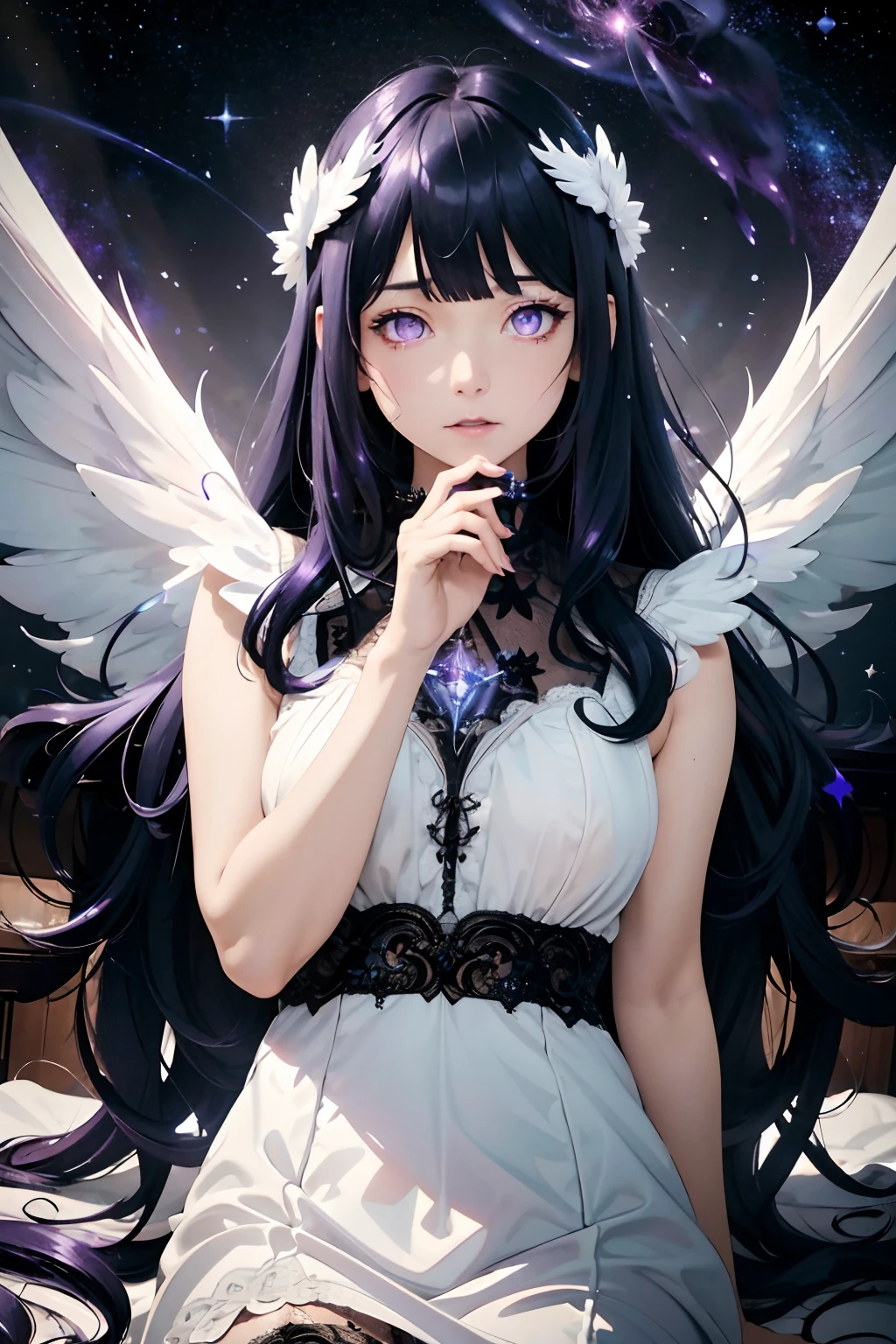 (masterpiece), (best quality:1.4), absurdres, [:intricate details:0.2], angel, angel wings, milky way, sky, shimmering aura, intense focus, crackling energy, mysterious symbols, sparkling motes,Blunt Bangs, purple eyes, long wavy dark blue hair, white dress, lace