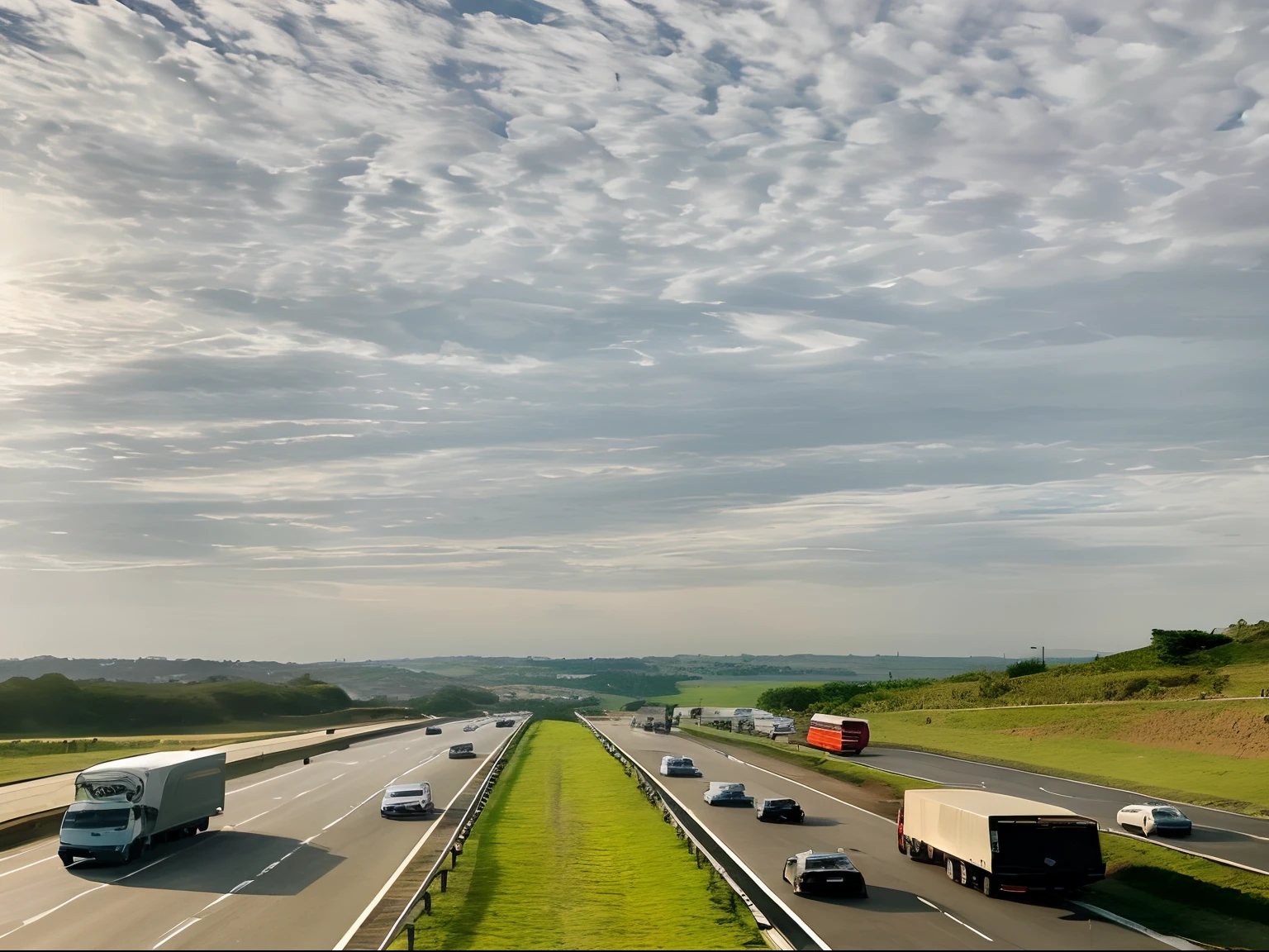 Com base nessa foto crie uma bem diferente, not however, Pass the same road scenario, carros, heaven, campos verdes,
