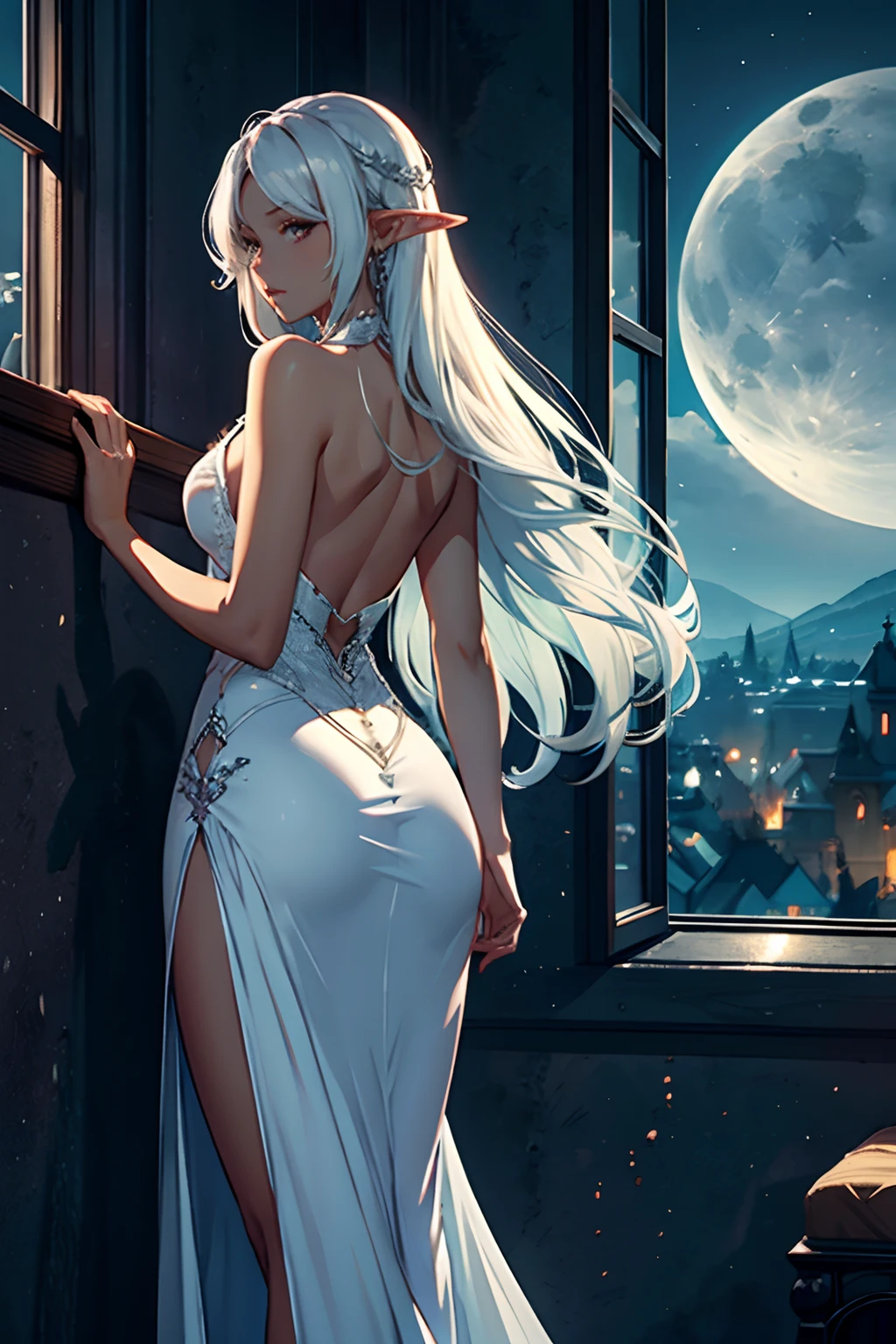 4D、Elven Woman,blacks,28 year old,(8K picture quality、high-detail、masterpiece、ultra-definition)、Ray traching、Castle bedroom,Bedrooms,a blond、white hair、length hair、((Black skin))、high-detail skin、(scarface),Slit skirt,Long dress with exposed back、Wide open chest、Standing on the windowsill、Moonlight、Princess Accessories