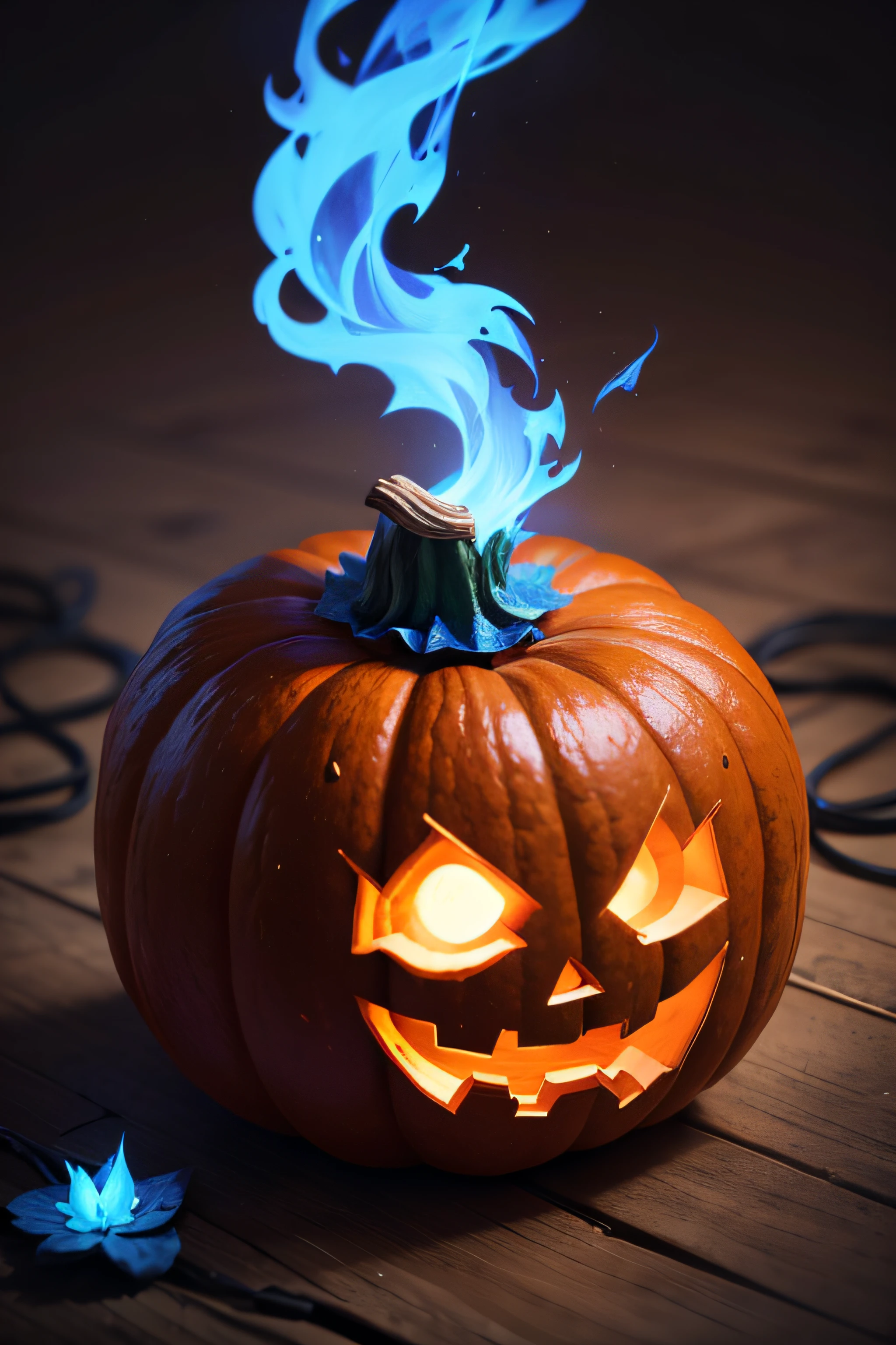 hallowen pumpkin with a blue flames