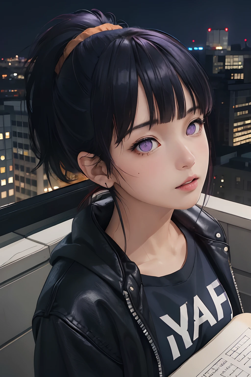 realistic, best quality, 8k uhd, dslr, soft lighting, high quality, film grain, Fujifilm XT3,
(close up, from directly above), Edgy girl, dark orange jacket, white sneaker, platinum dark blue hair color, ponytail, dramatic makeup, piecing, (nighttime, dark city), neon signs, individuality, authenticity, creative expression,
camera, computer, books, messy room, rooftop apartment,Blunt Bangs, purple eyes