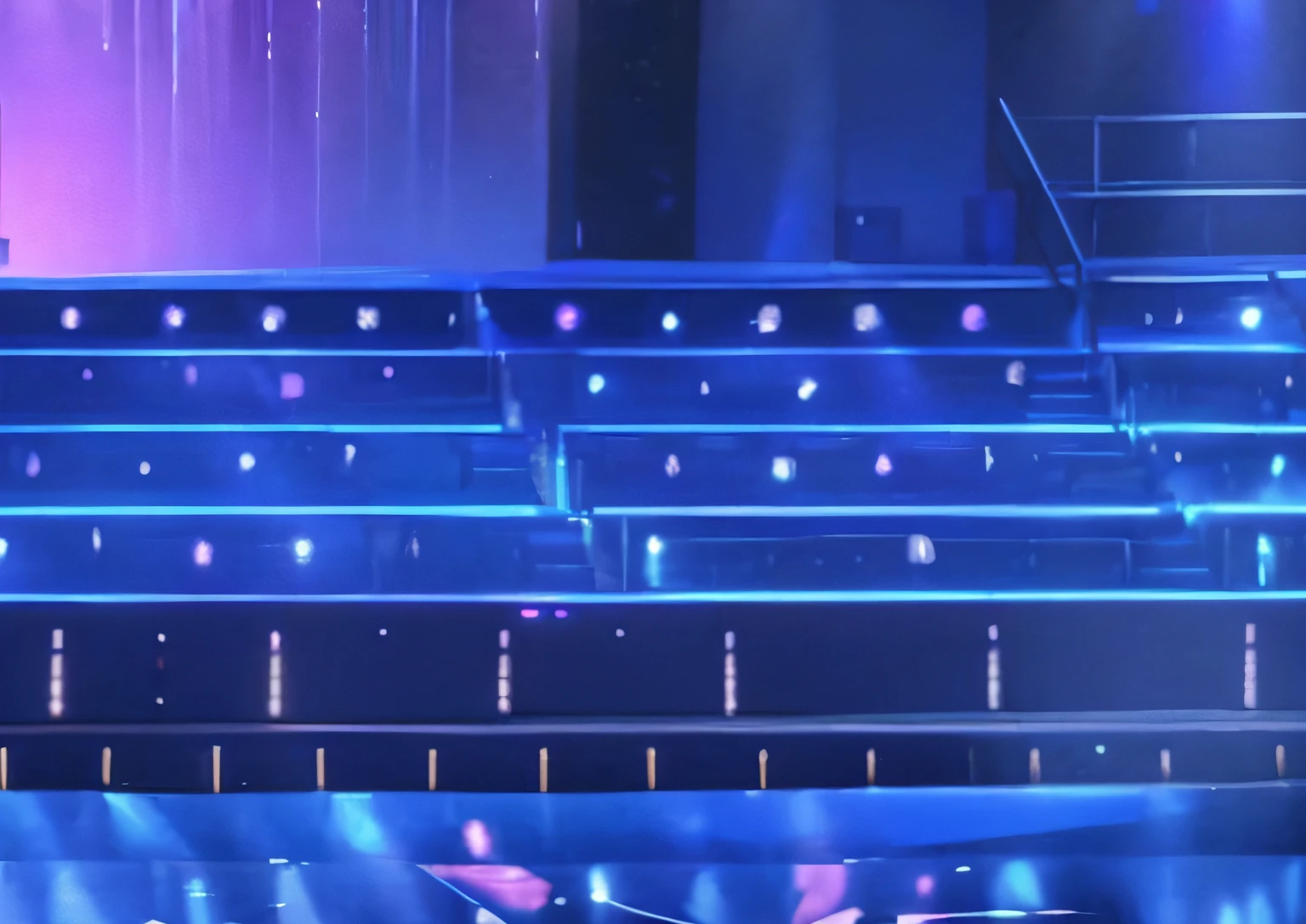 , Stage background, Empty stage, Stage, Stage Liggett, shining and happy atmosphere, arena background, purple scene lighting, blue lights and purple lights, Banner, Blue neon atmosphere in the stern, Nightclub, ( ( stage light ) ), Game Showcase, advanced stage lighting, blue and purle lighting