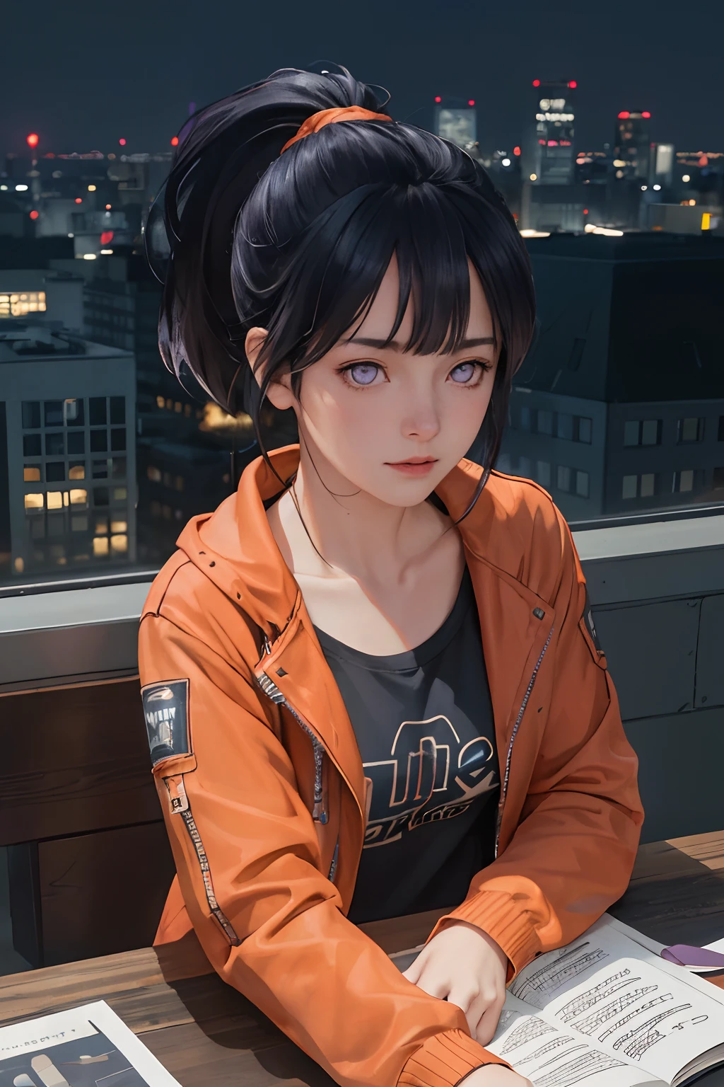 realistic, best quality, 8k uhd, dslr, soft lighting, high quality, film grain, Fujifilm XT3,
(close up, from directly above), Edgy girl, dark orange jacket, white sneaker, platinum dark blue hair color, ponytail, dramatic makeup, piecing, (nighttime, dark city), neon signs, individuality, authenticity, creative expression,
camera, computer, books, messy room, rooftop apartment,Blunt Bangs, purple eyes