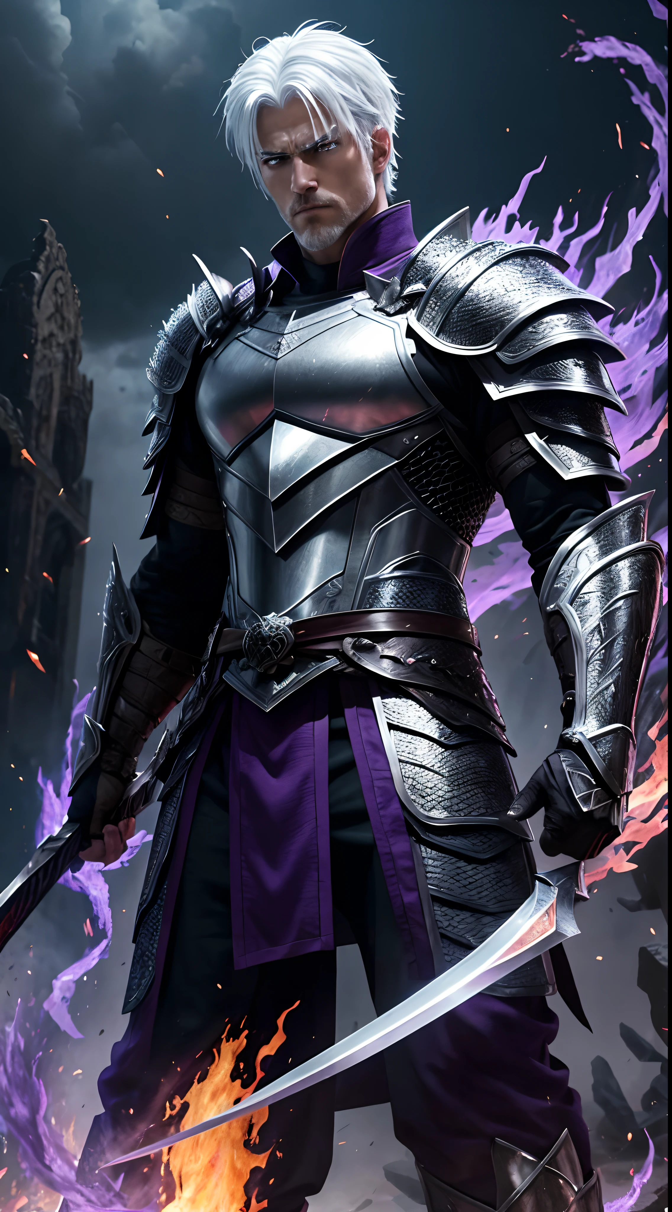 "A fierce warrior stands tall, his white hair reflecting the fiery glow of his eyes. His handsome face is set in a cold, determined expression as he dons a full body armor made of dragon scales, shimmering with the colors of hell fire and purple black lightning."