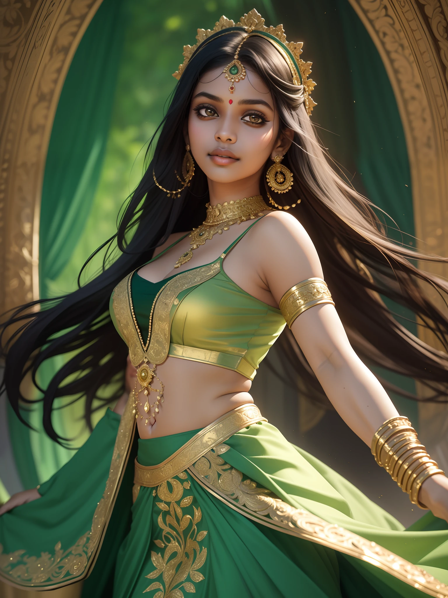 (masterpiece, best quality, realistic),
1girl, background, indian dress, dancing, intricate, dark green dress, gold, indian palace, india, indian person, banquet, crowd, picking up skirt, darker skin,
[slight smile],